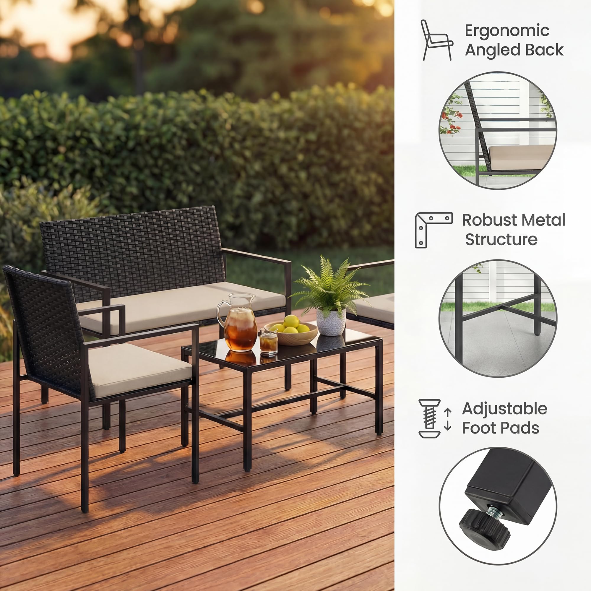 SOARS Conjunto de Jardin Exterior de Ratán de 4 Piezas, Mesa de Centro de Cristal Templado con 2 Sillas, Sofá de 2 Plazas y Cojines Mullidos, Muebles de Jardín para Patio, Terraza, Balcón (Beige)