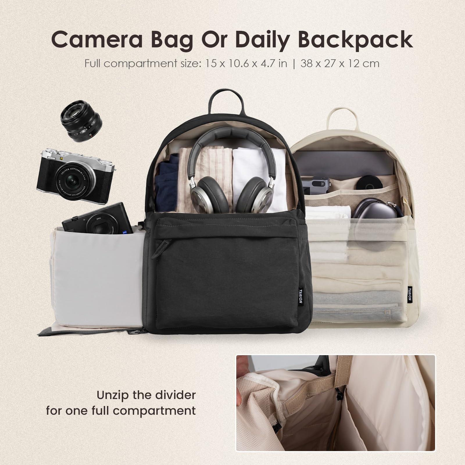 TARION Zaino Fotografico Borsa Fotografica: Zaino Fotocamera per Tutti i Giorni Casuale Leggra con Scomparto per Laptop da 14 pollici per Fotografia Reflex ONCE IT 15 (Nero)