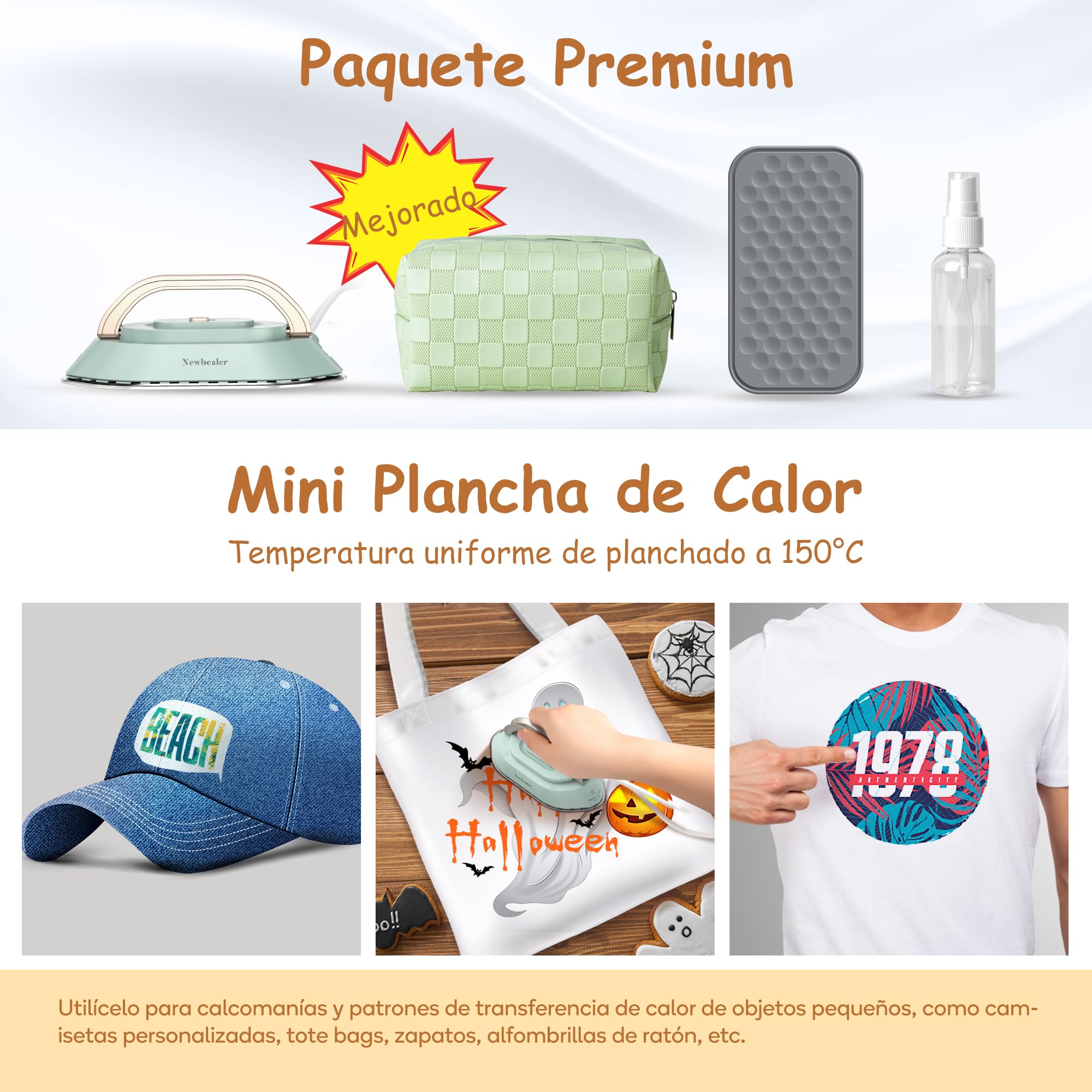 Newbealer Plancha de Viaje para Ropa, Plancha Pequeña Voltaje Universal 100V-240V, Ligera y Compacta sin Vapor con Suela de Cerámica Antiadherente, Bolsa de Transporte, Verde