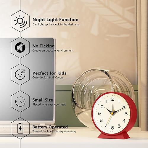 Miniatura 9 de AYRELY Reloj despertador analógico de 4.5 pulgadas, pequeño reloj de escritorio retro que funciona con pilas, reloj de mesa de metal brillante con