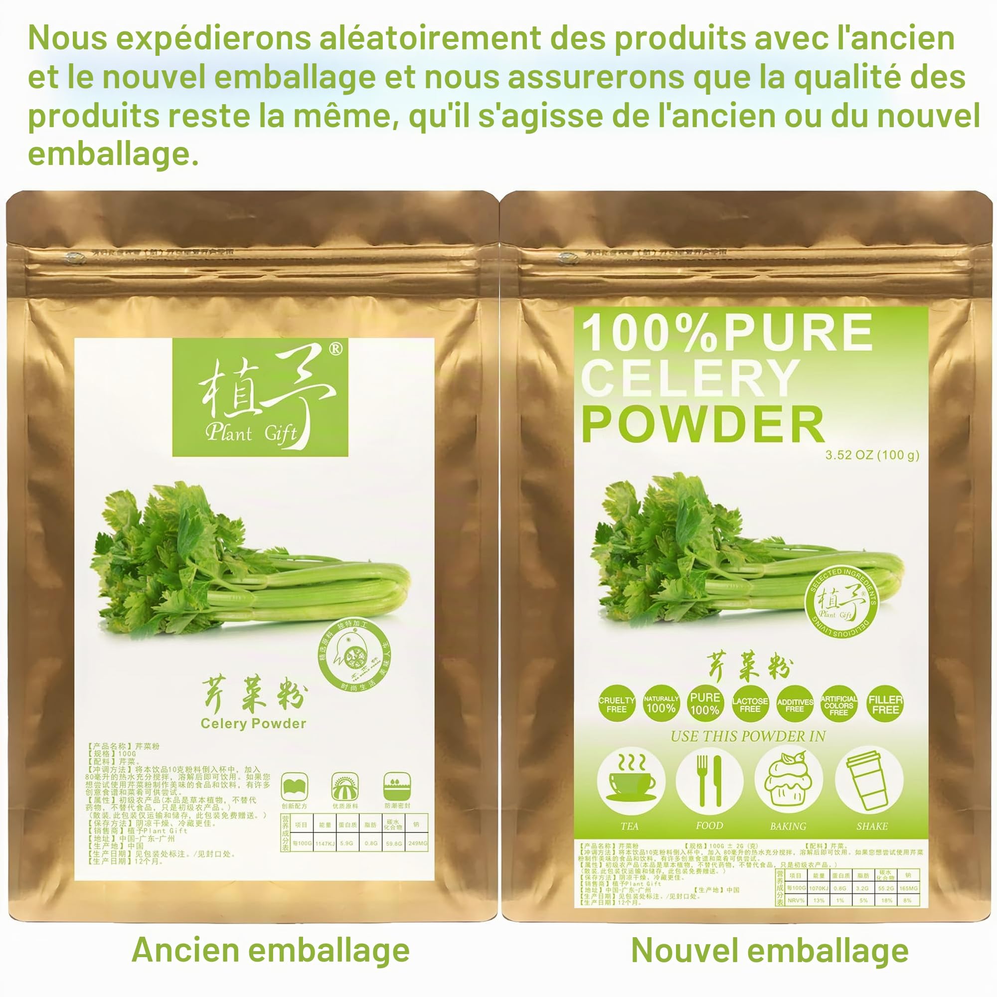 100% Natural Pure Celery Powder 100g/3.52oz 芹菜粉 poudre de jus de céleri pour smoothies, shakes, pâtisseries et boissons, thé | poudre de jus Vert, poudre verte, sans conservateur