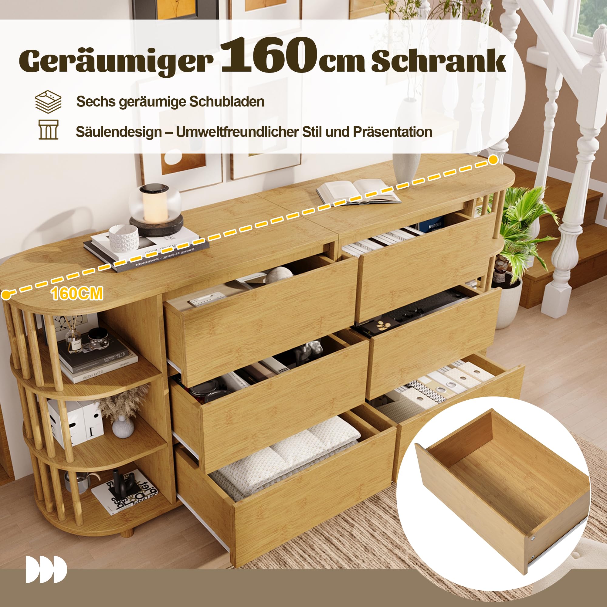 Kommode Sideboard 160 cm Eiche – Römisches Design mit Säulen, 6 Schubladen & Bambus-Regalen, Höhenverstellbare Füße, Stilvoller Stauraum für Wohnzimmer & Flur (Eiche Natur)