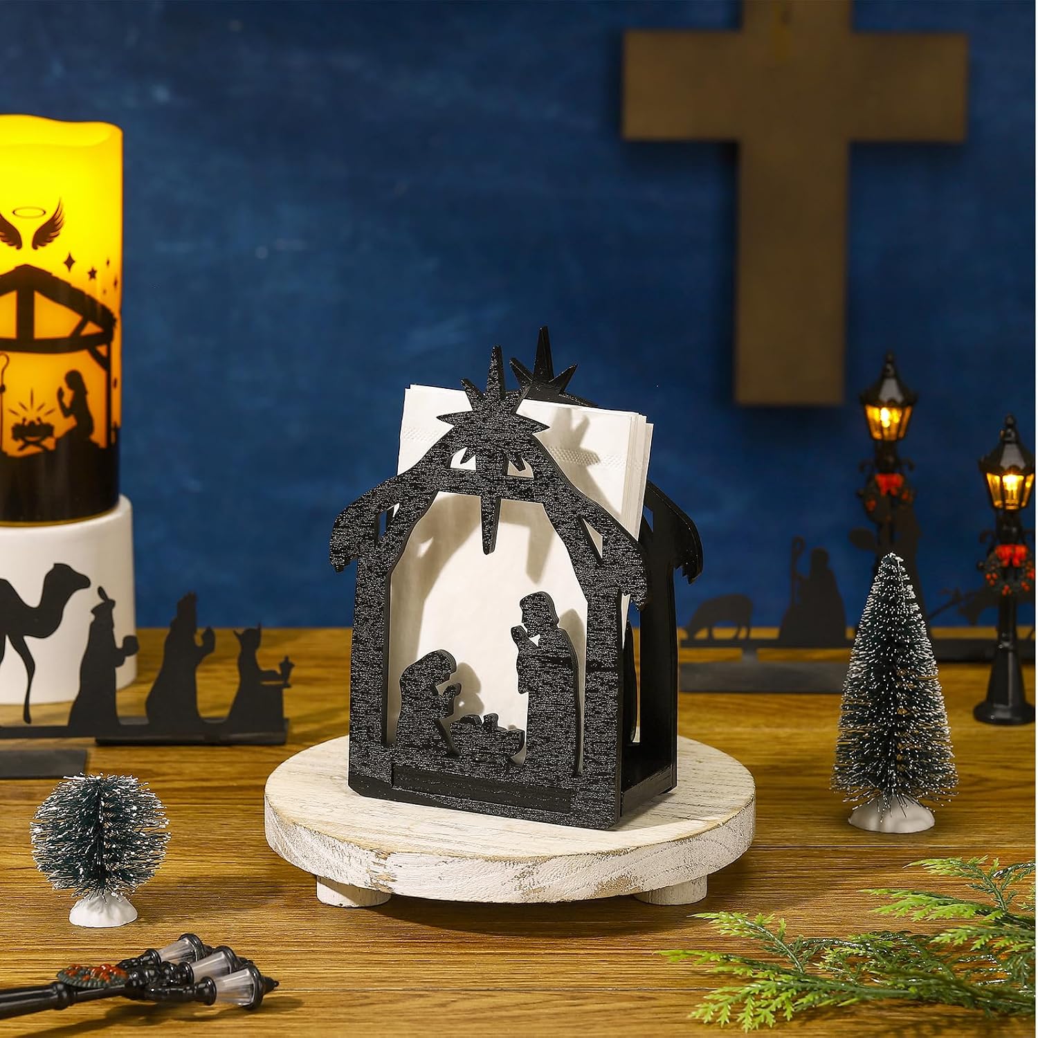 Barydat Christmas Napkin Holder for Tables Wooden Tissue Dispenser, Black