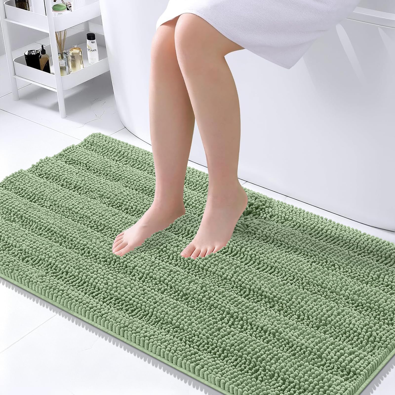 OLANLY Thick Large Bathroom Rugs 45x27, Chenille Bath Rugs, Sage Green
