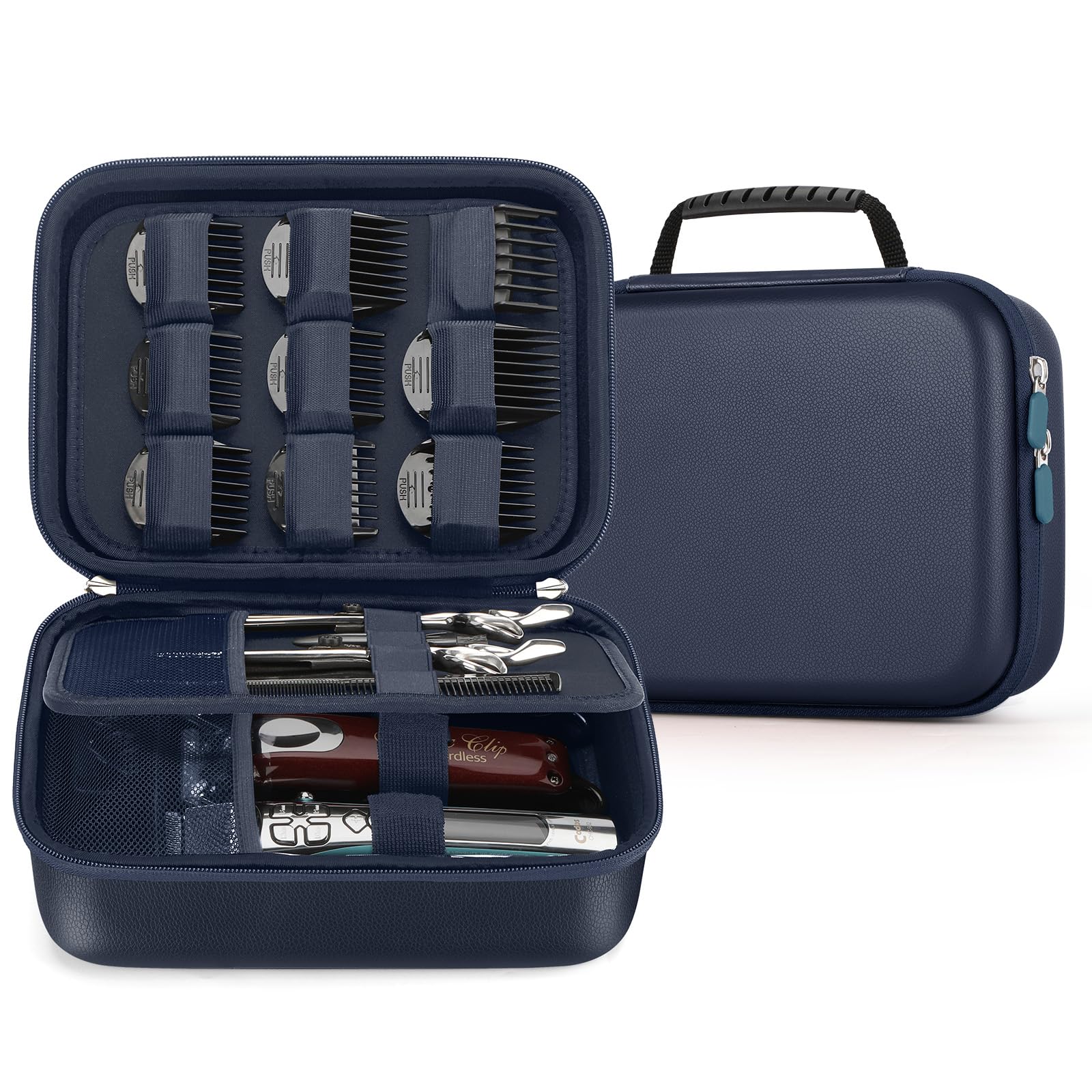 MOSLA Hard Barber Accessories Case for Hair Clippers, Mens Hair Cutting Barber Supplies Holder, Trimmer Organizer Storage Bag for Hair Cutting, Guard Grooming Kit, Pu Navy Blue, 10.6 x 7.8 x 3.1-image-8