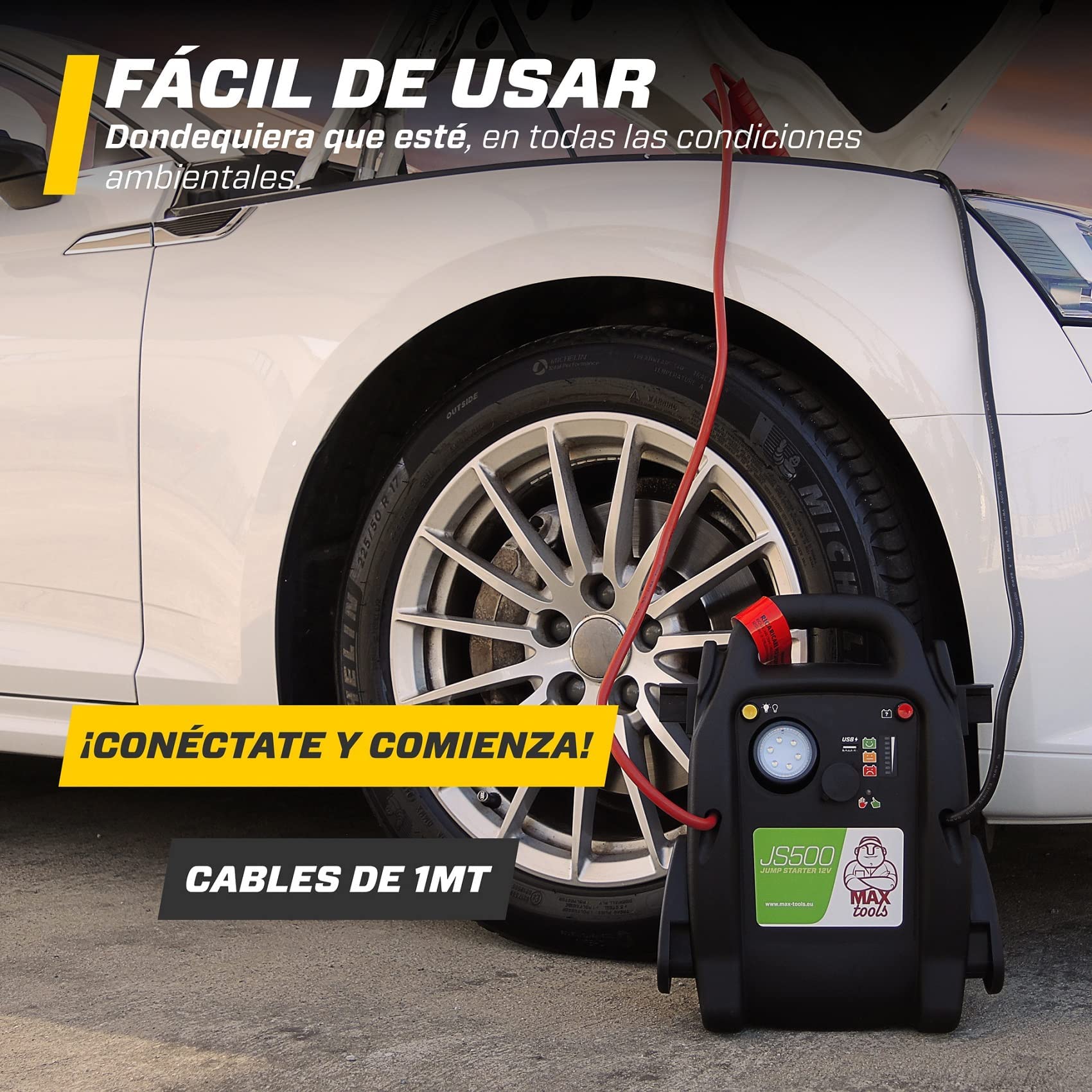 MAXTOOLS JS500 2200 A 22 Ah, arrancador de emergencia para coches y furgonetas, motores diésel y gasolina de 12 V, arrancador, con linterna LED, puerto USB y cables de conexión
