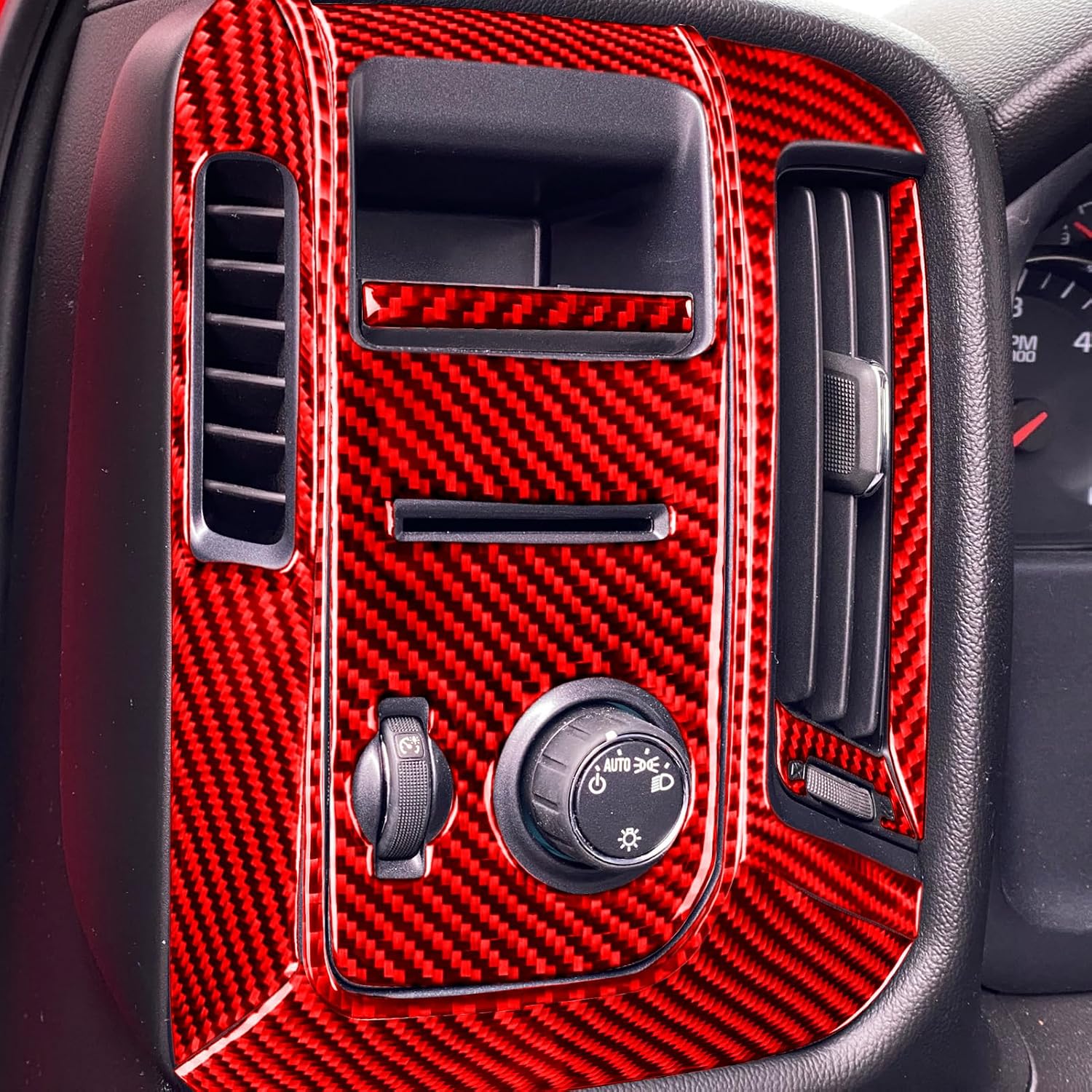Real Carbon Fiber Compatible with Chevrolet Silverado 1500/GMC Sierra 1500 2014-2018 Car Left Sides Air Vent Frame Headlight Switch Kit Trim Decals Sticker Auto Interior Accessories Cover Style C Red