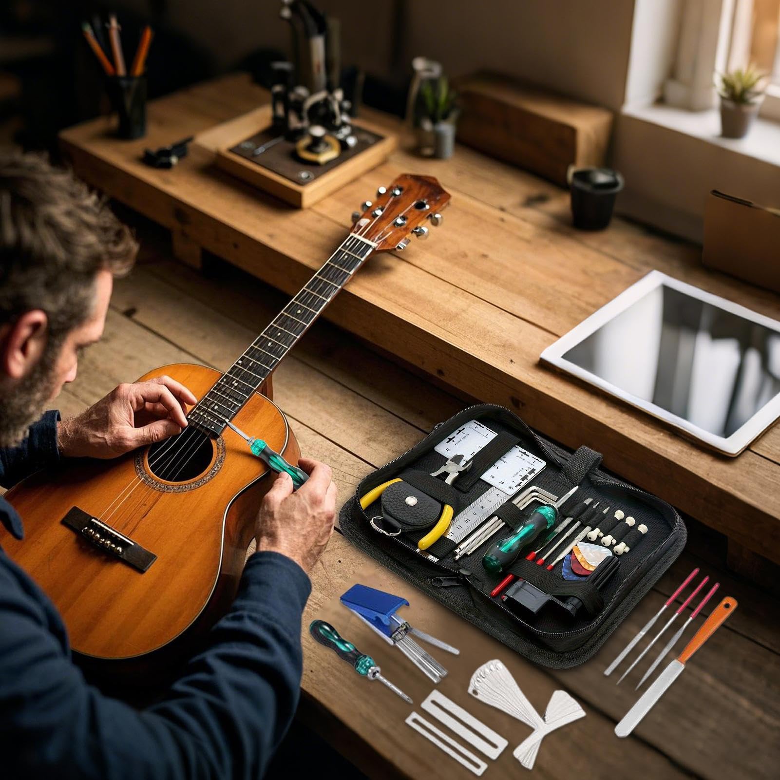 Kit di strumenti per chitarra, kit di manutenzione per chitarra classica, set accurato di 25 strumenti musicali per la riparazione di esercitazioni, viaggi, spettacoli in studio