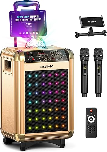MASINGO Máquina de karaoke para adultos y niños con 2 micrófonos inalámbricos Bluetooth. Sistema de altavoces PA portátil para cantar con luces de