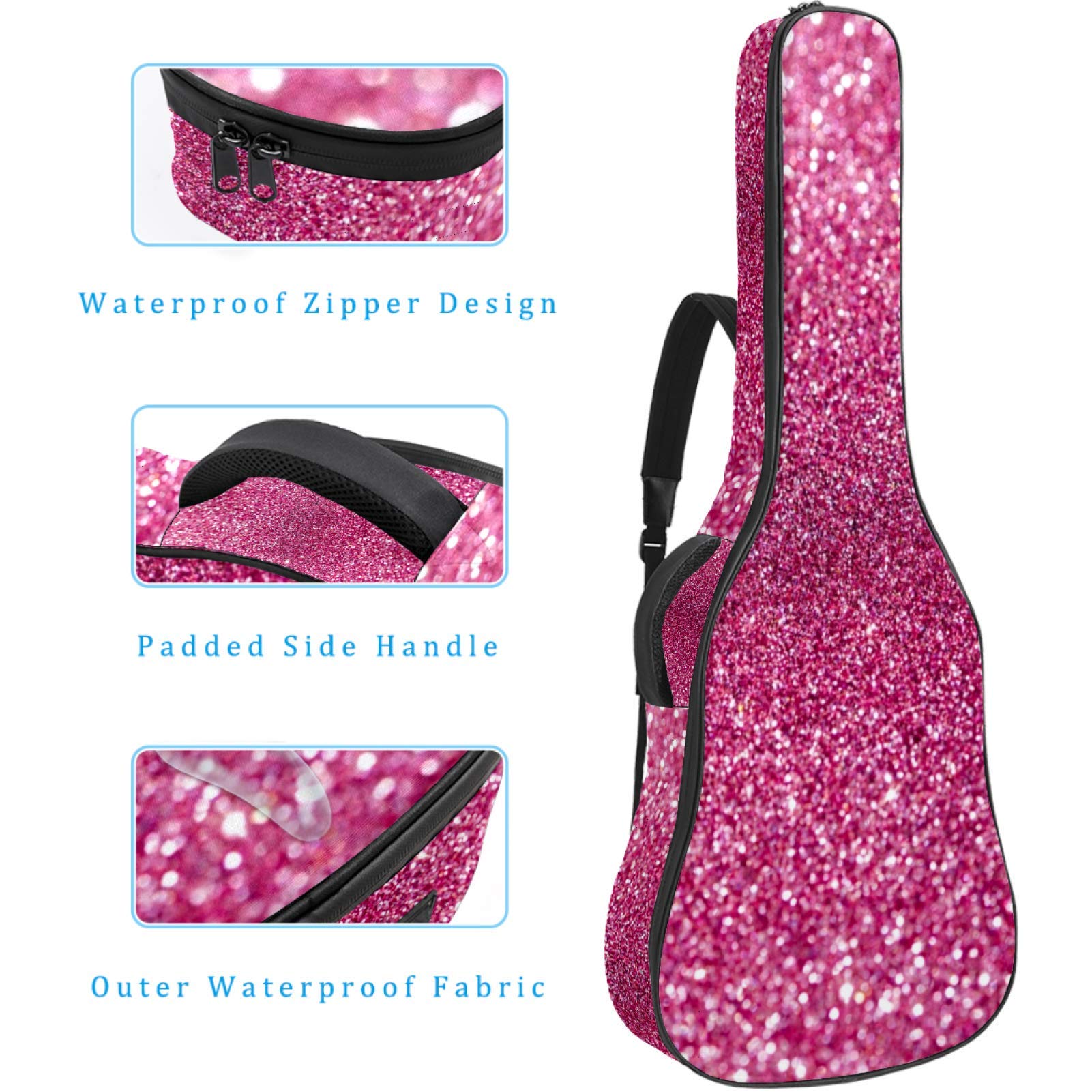 Housse de transport imperméable à fermeture éclair souple pour guitare acoustique, basse et folk classique, rose effet paillettes