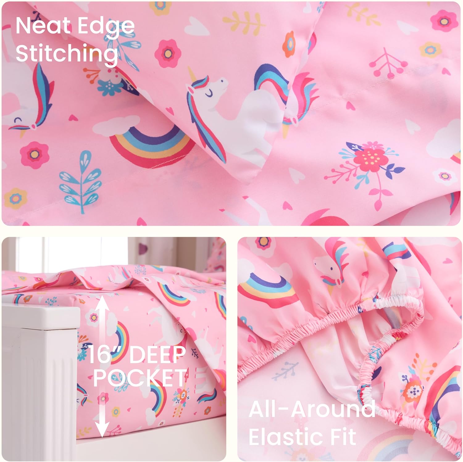Joiedomi Kids Full Sheet Set Unicorn - 4 Piece Soft Microfiber Bed Sheets - Deep Pocket Wrinkle Free, Cozy Toddler Bedding Set, Fade Resistant Breathable for Boys Girls Teens