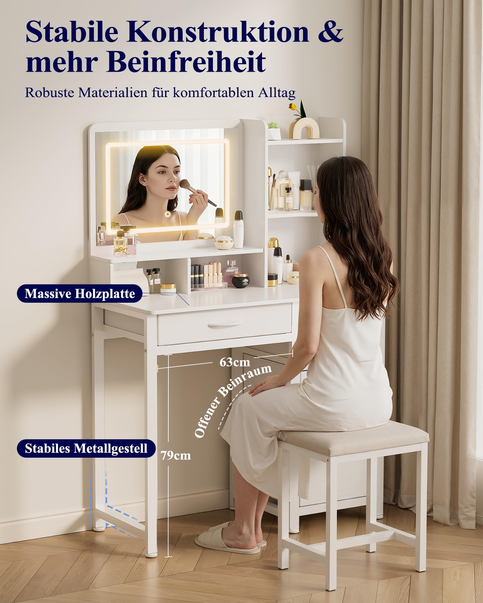Kitsure Schminktisch mit Beleuchtung und Spiegel, 90 x 45 x 133,1 cm