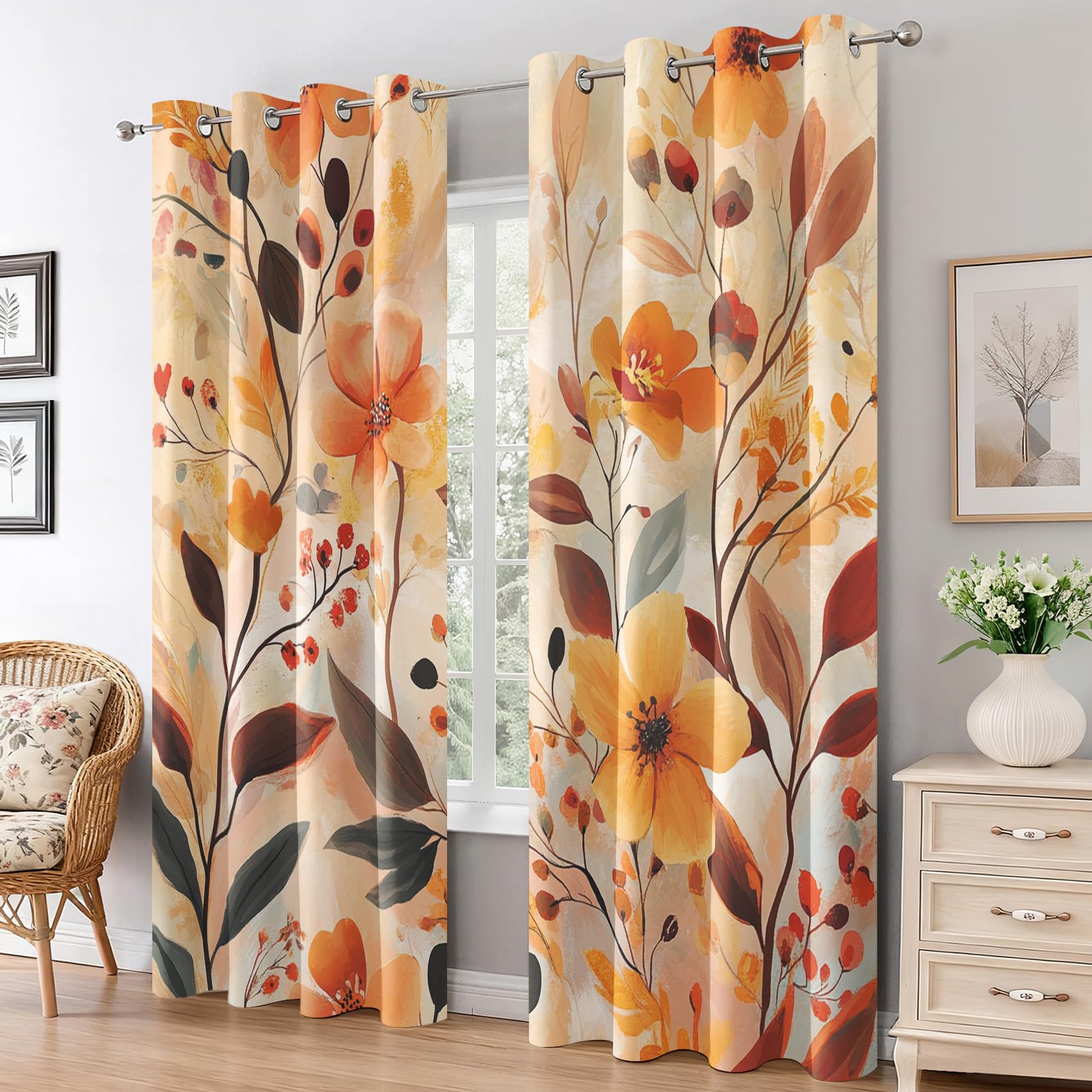 Autumn Botanical Curtains for Living Room, Orange Leaves Flowers Blackout Curtains Bedroom, 90 x 108 Inch 2 Panels, 108 Drop Eyelet Thermal Window Drapes, Home Decor E-D17