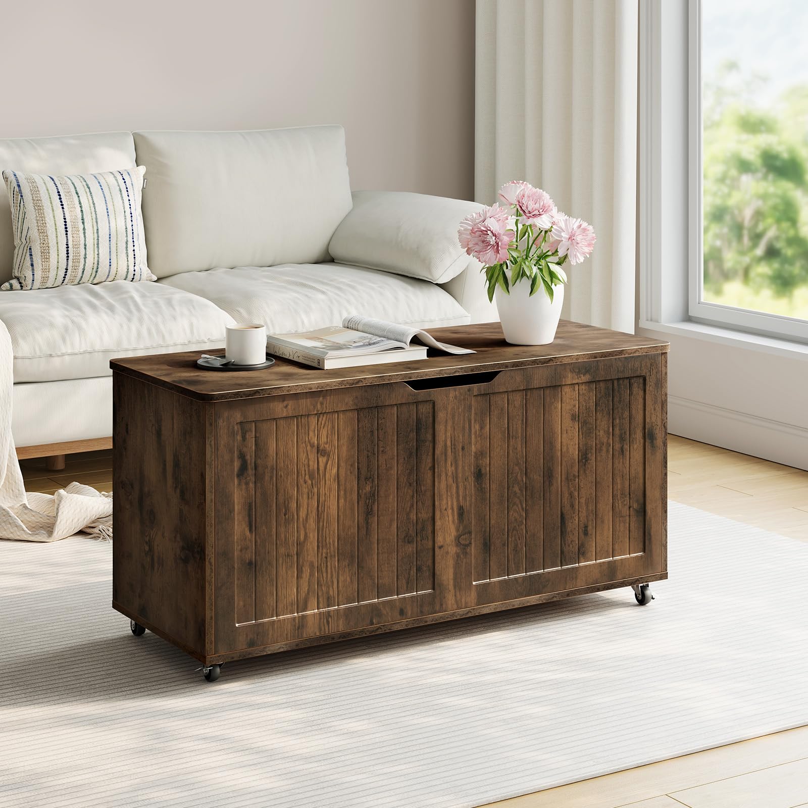 WOLTU Banc de Rangement à roulettes, 100 x 50,5 x 40 cm, Coffre de Rangement avec Couvercle Rabattable à Charnières, pour Chambre, Entrée, Salon, Brun Rustique