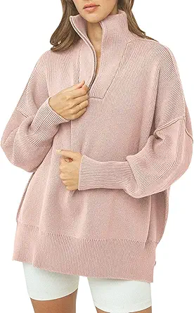 LOGENE Women's 1/4 Zipper Sweatshirt Long Sleeve Oversized Slit Side Knit Pullover Sweaters