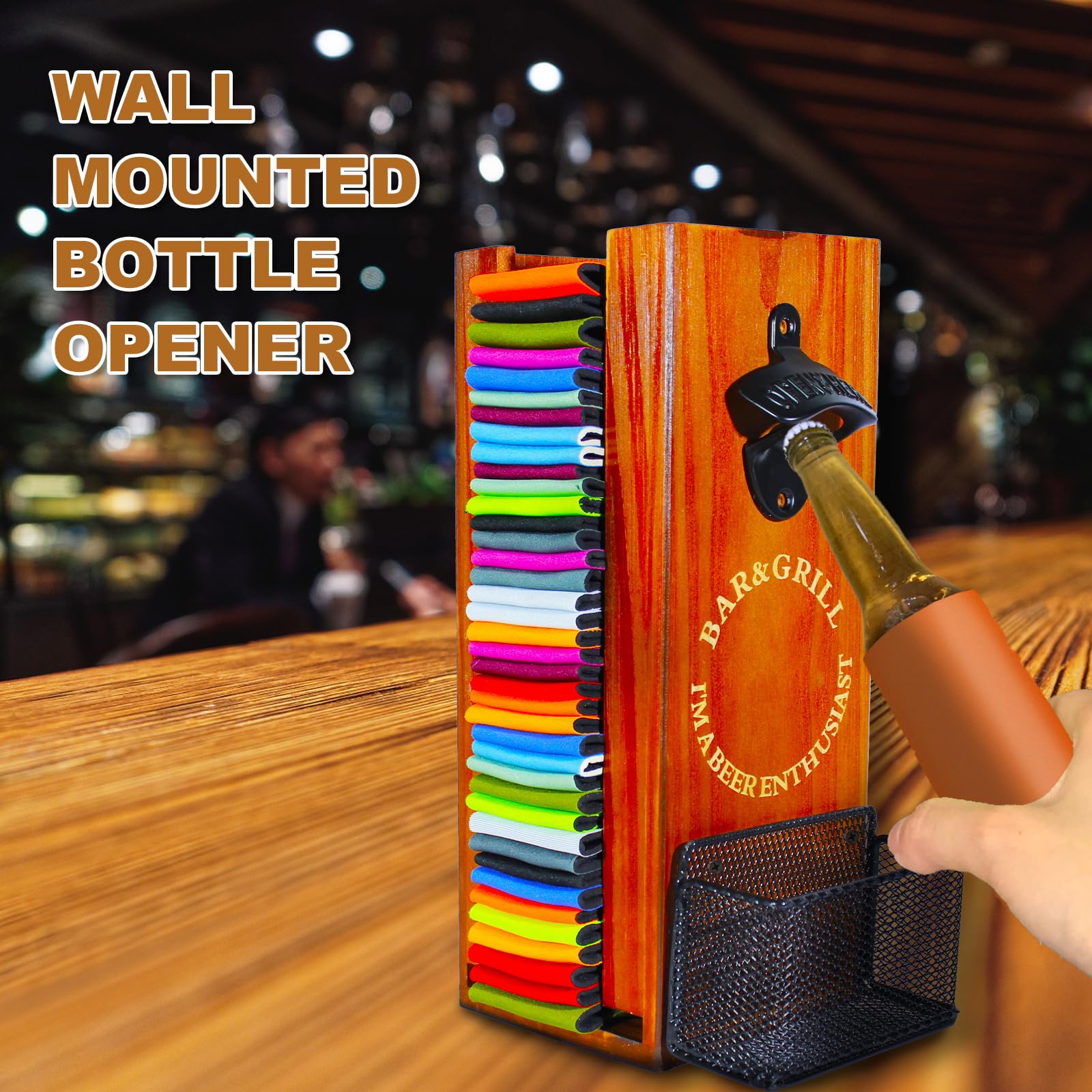 Soporte 3 en 1 para enfriar latas con abrebotellas, organizador y dispensador de fundas de madera para latas de cerveza y almacenamiento de botellas de cerveza, ideal para bares y fiestas en