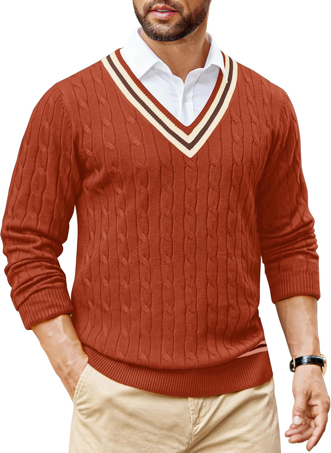COOFANDY Mens V Neck Sweater Long Sleeve Cable Knit Sweater Fall Winter Pullover Slim Fit Stretchy Fabric Preppy Style