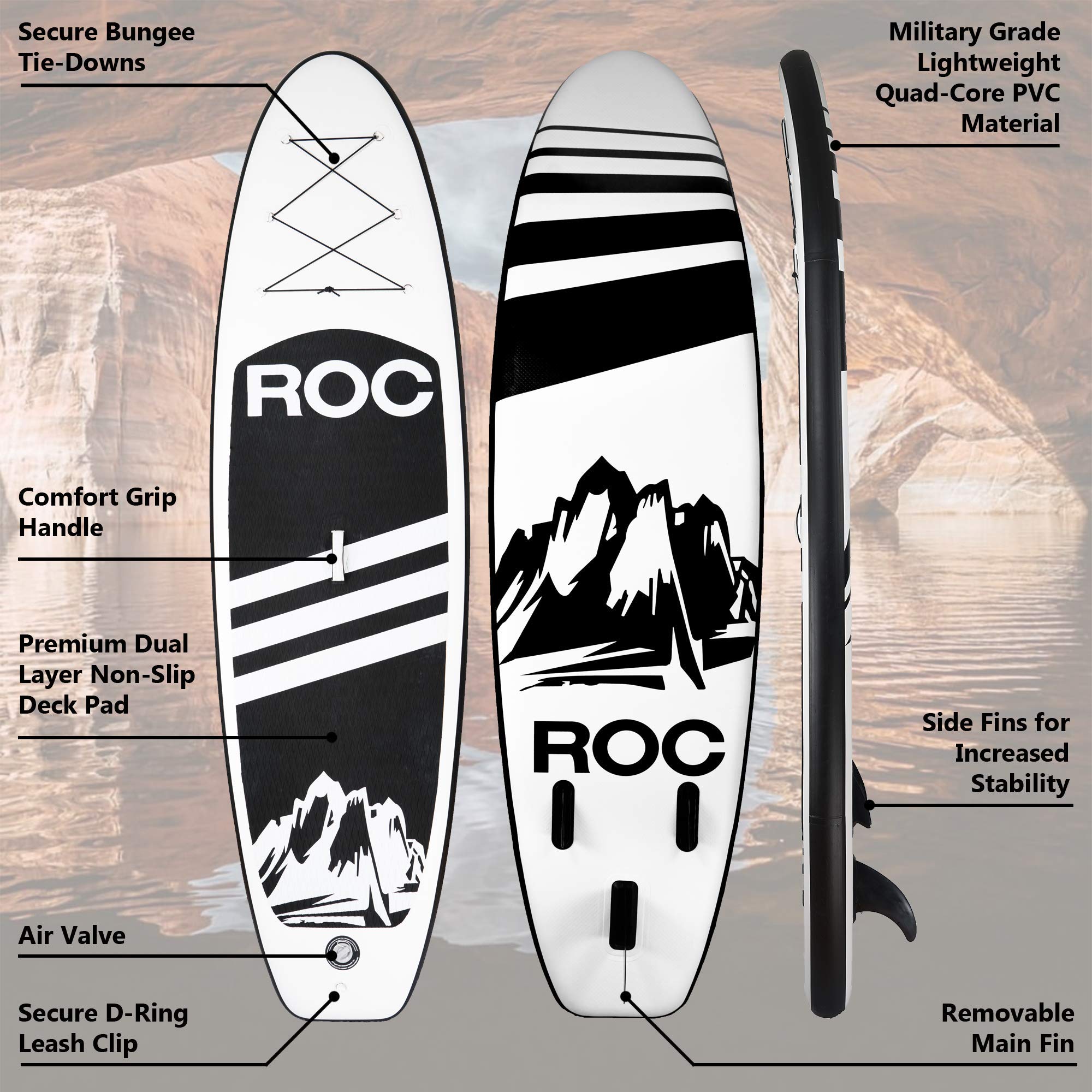 Roc Inflatable Stand Up Paddle Board (6 Inches Thick) with Premium SUP Accessories Heavy Duty Comfort Backpack Kayak Attachment and More | Wide Stance Non-Slip Deck, | Youth & Adult Standing Boat
