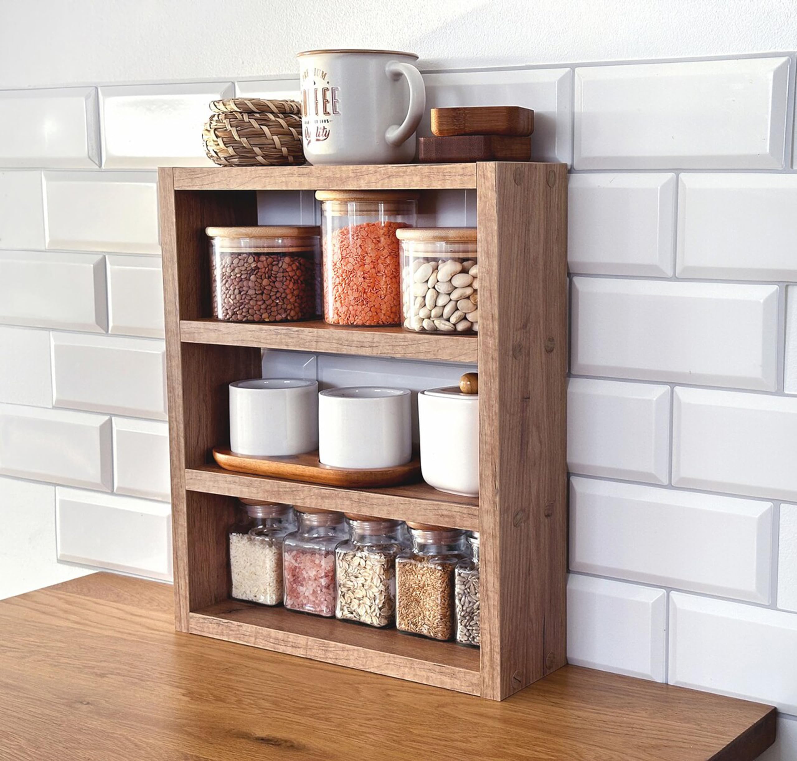Wood Kitchen Counter Shelf, Countertop Spice Rack, Shelf Rack Organizer, Modern Farmhouse Decor - Brown C
