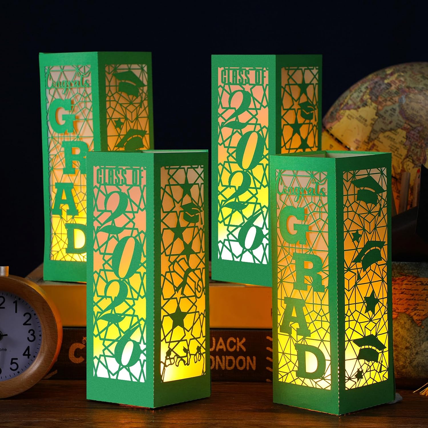 Rossesay 6 Pcs Graduation Table Centerpieces Boxes Class of 2026 Graduation Lanterns for Centerpieces with LED Candles Congrats Grad School College Photo Props for Party Table Decoration (Green)