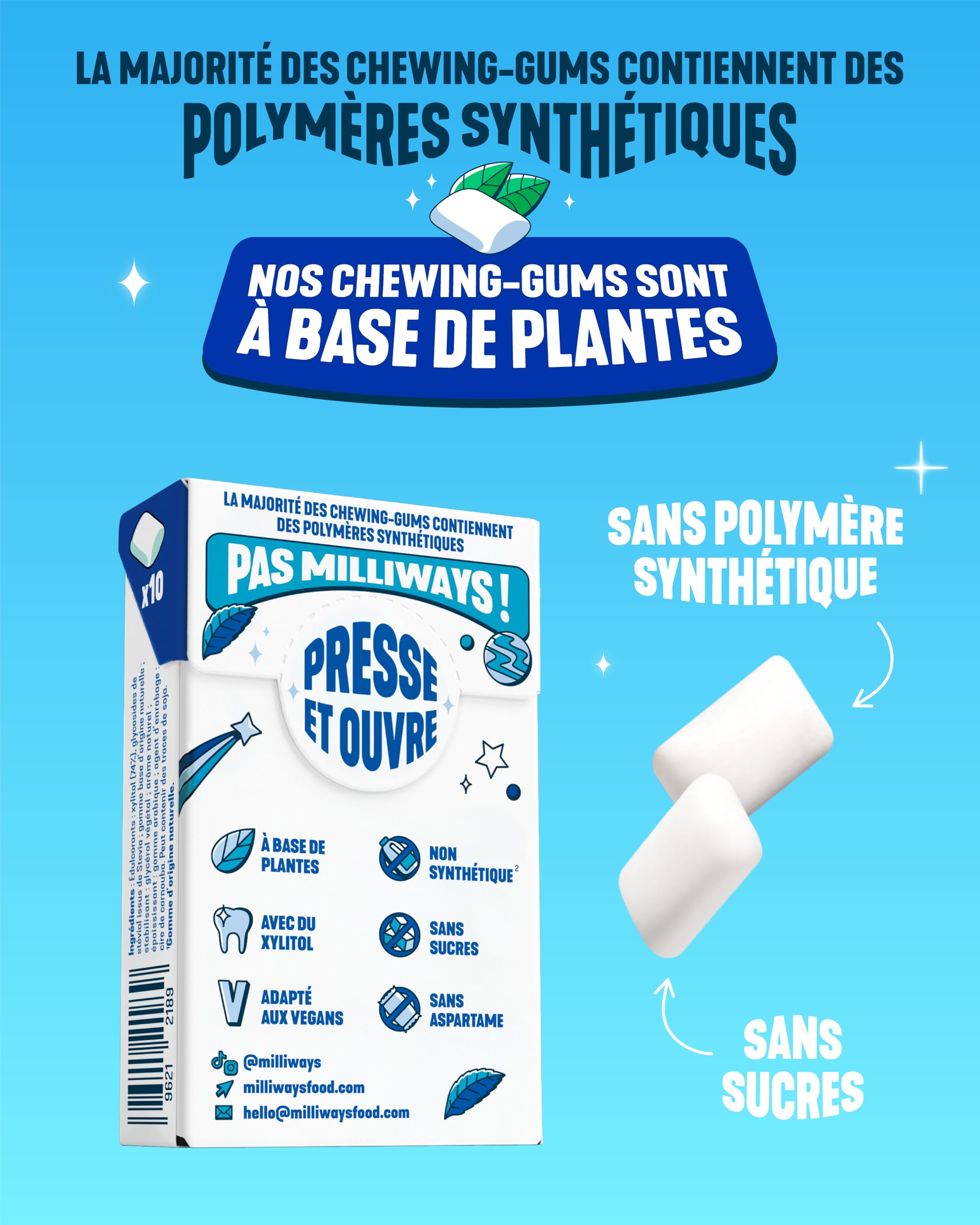 MILLIWAYS - Chewing gum sans sucres avec édulcorants et arôme naturel au goût de menthol eucalyptus 10 boîtes de 30 dragées de 60g- À base de plantes - Avec du Xylitol - Sans aspartame