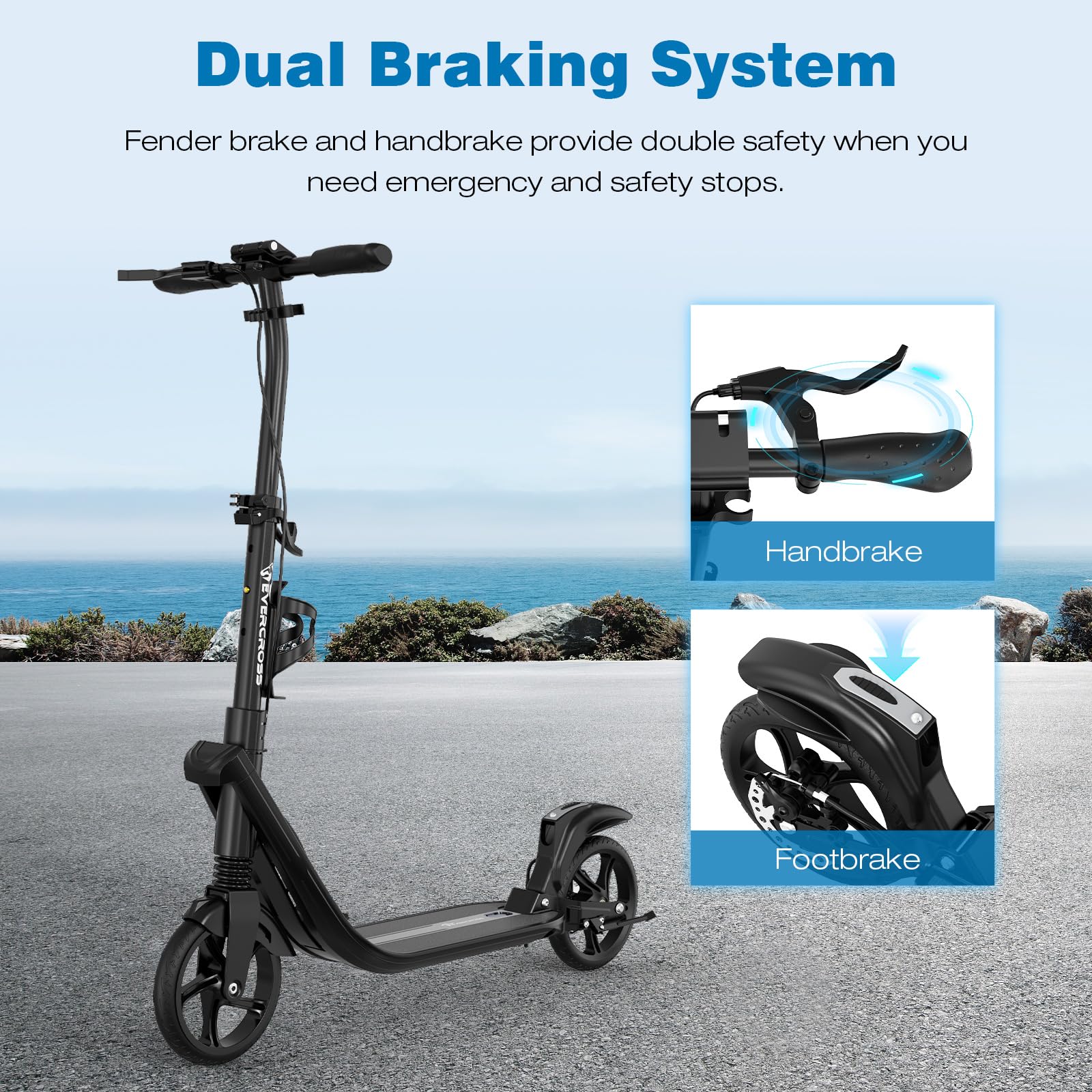 EVERCROSS K8 Stunt Scooter, Grandes Ruedas 200 mm, City Patinete Ajustable en Altura y Plegable, Deportivos Scooter de Aluminio Estable para Niños, hasta 100 kg, Doble Freno, Doble Amortiguación