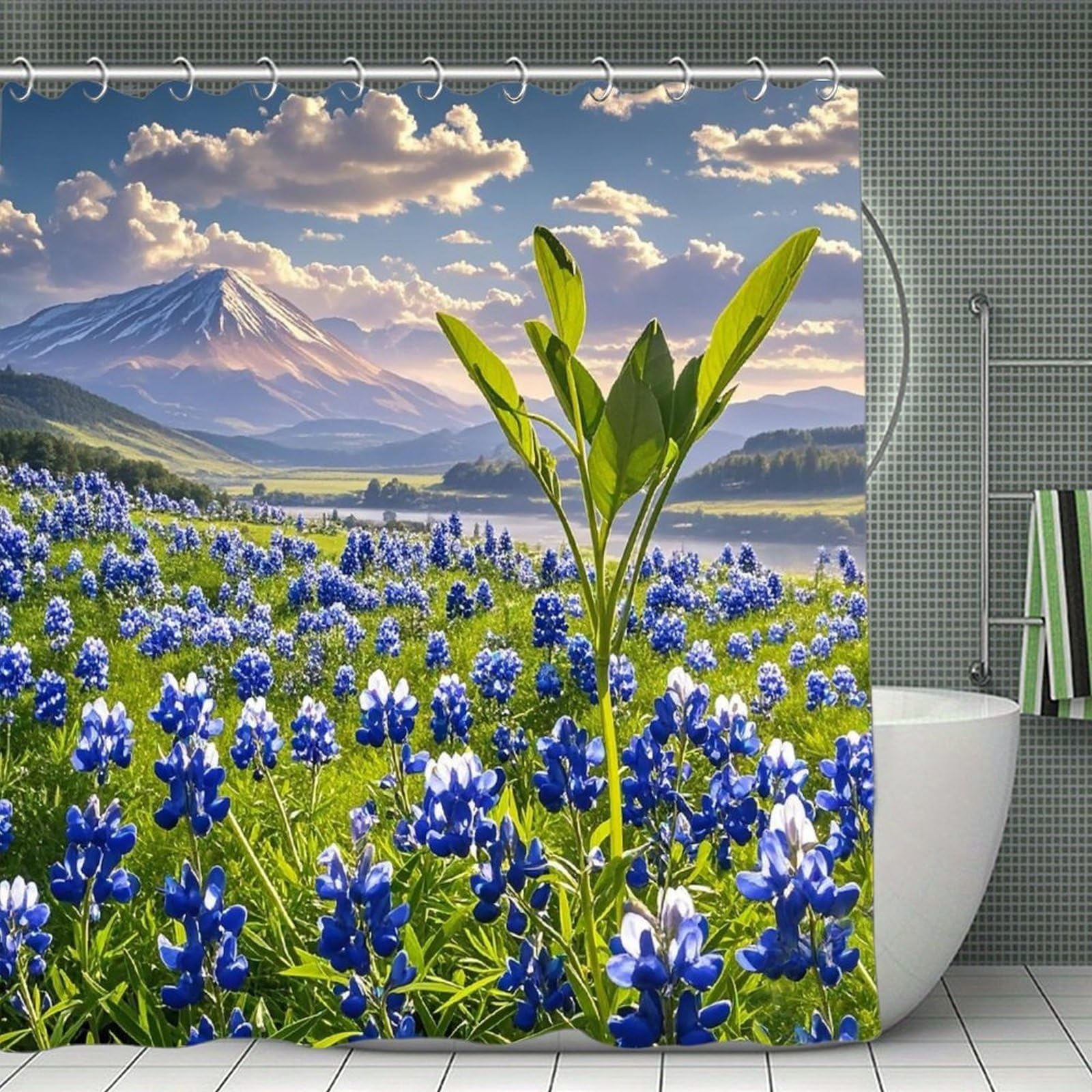 VstaDank Bluebonnets Scenery Shower Curtain Light-Weight Blackout Bathroom Curtain Washable Shower Liner 71x71 Inch Bath Curtain with Metal Holes Bathtub Bath Room