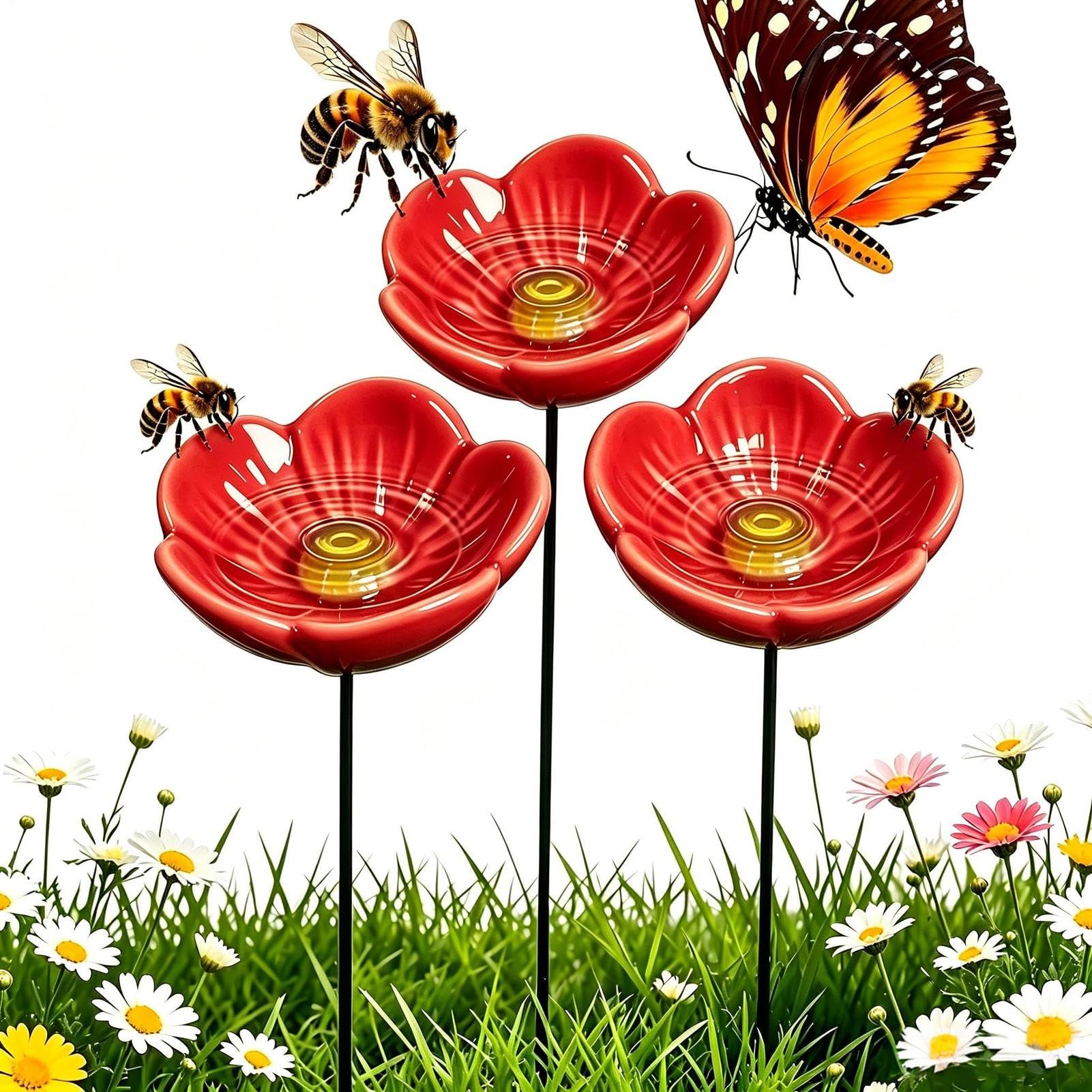 Bee Watering Station for Garden - Handmade Ceramic Flowers Cups, Weather Resistant Bird Waterer, Bird Water Bowl, for Yard Outside Outdoor Home Patio Porch Deck Balcony, 3 Pieces