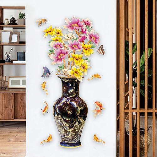 Calcomanías de pared de flores de magnolia de estilo chino, jarrón clásico, abejas, mariposas, flores, decoración de pared, sala de estar,
