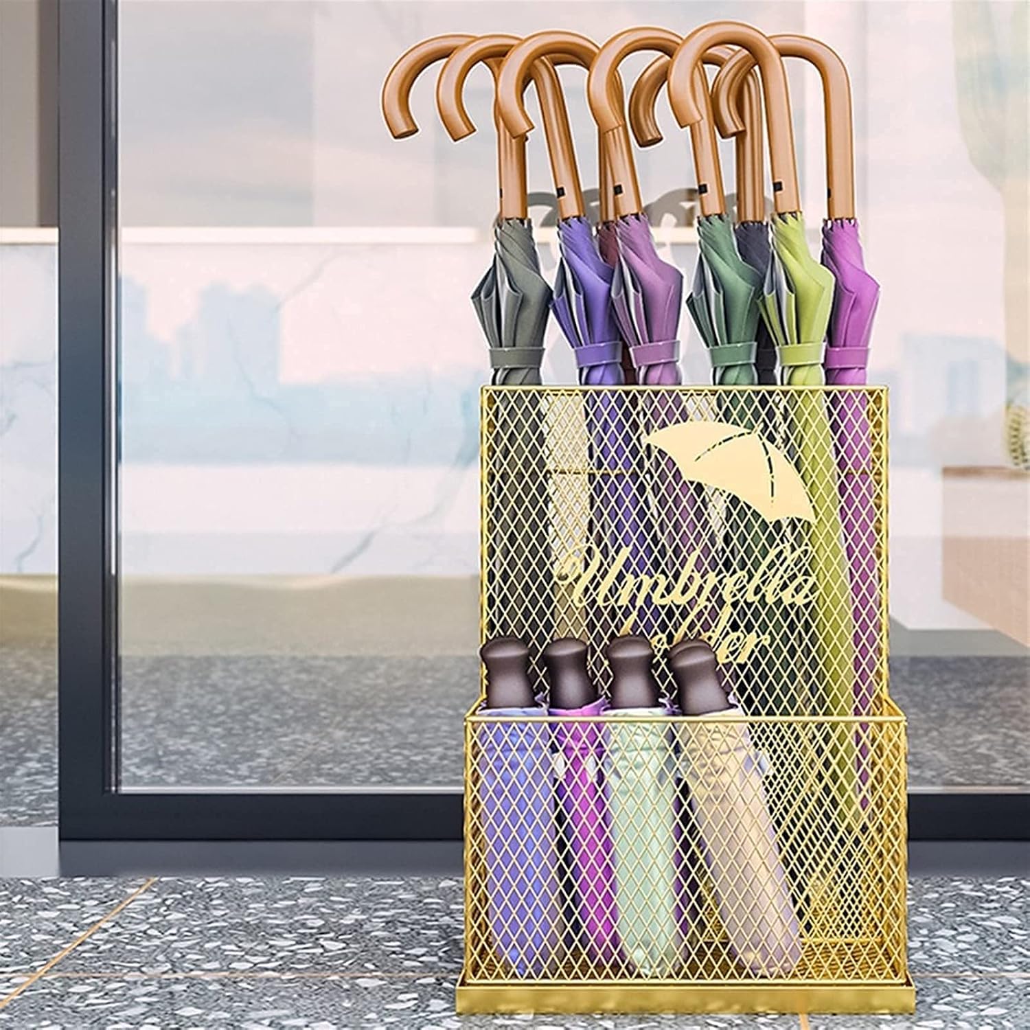 Umbrella Stand Holds 25 Long and Short Umbrellas, Wrought Iron Mesh Design, for Home Hotel Office Entryway