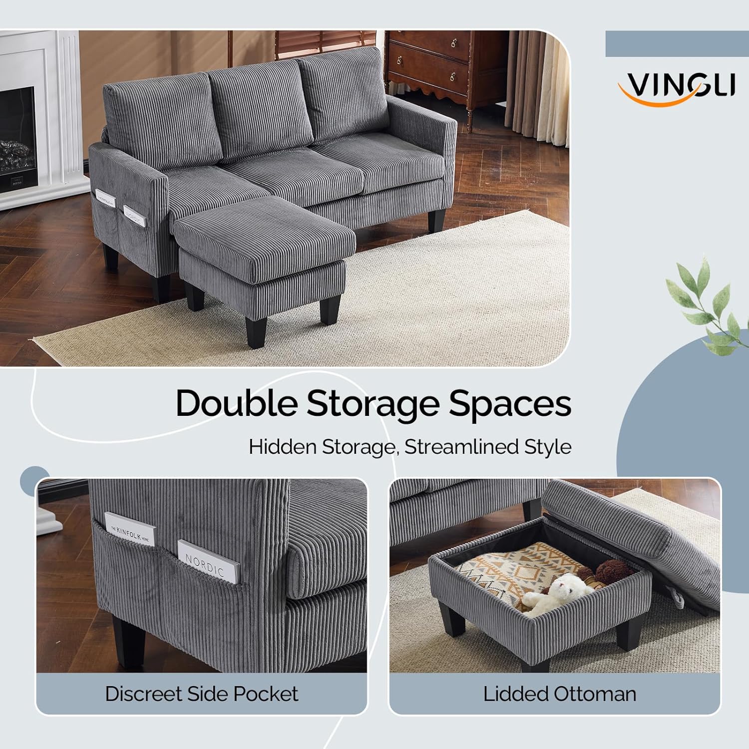 Image showing the sofa's side storage pockets and the lift-top storage ottoman with items inside.