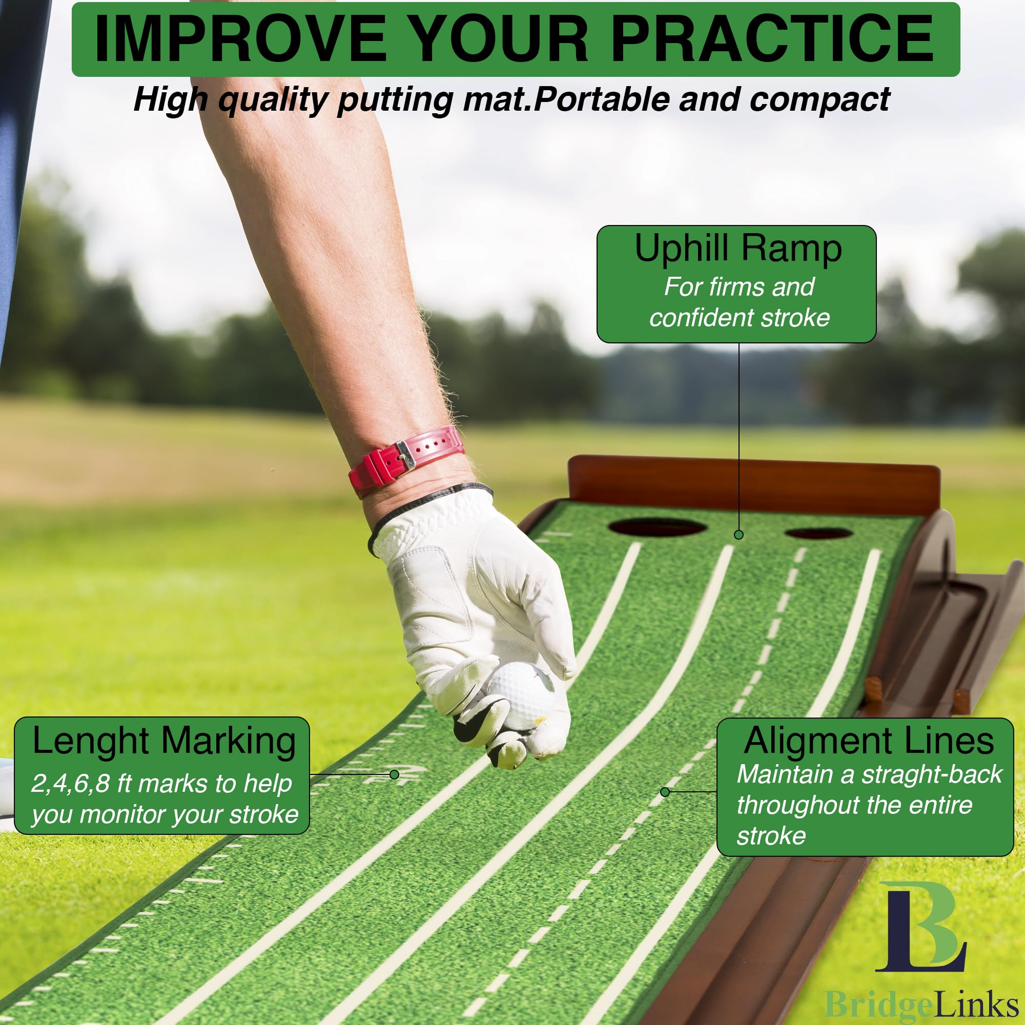 Golf Putting Green Mat 10ft, Indoor Putting Mat with Ball Return, Two Hole Putting Mat for Accuracy, Solid Wood Base Putting Mat, Non Slip Golf Mat for Practice