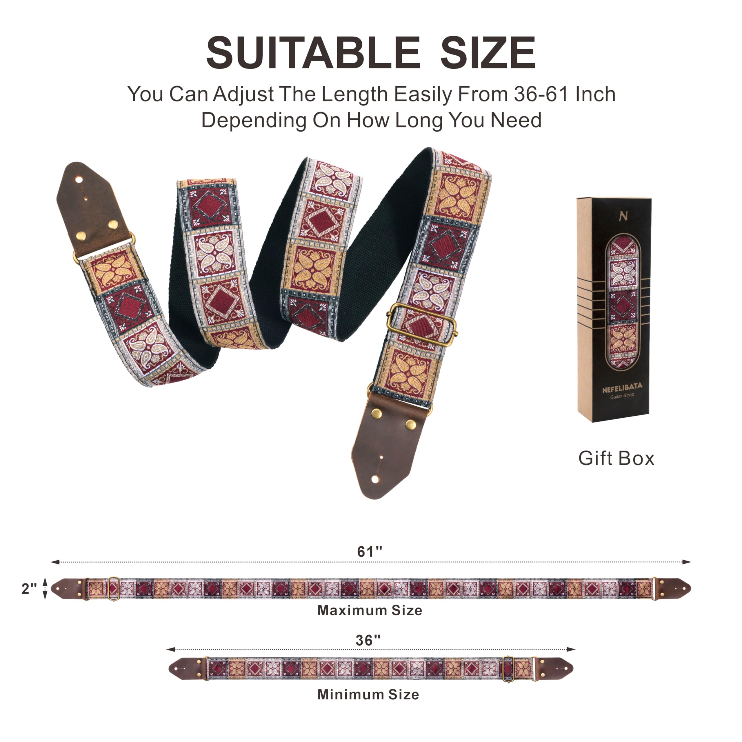 Nefelibata Gitarrengurt, Jacquard-Stickerei Baumwolle Gitarrengurte mit Crazy Horse Leder Enden für Bass, elektrische & akustische,Geschenke für Kinder, Gitarristen