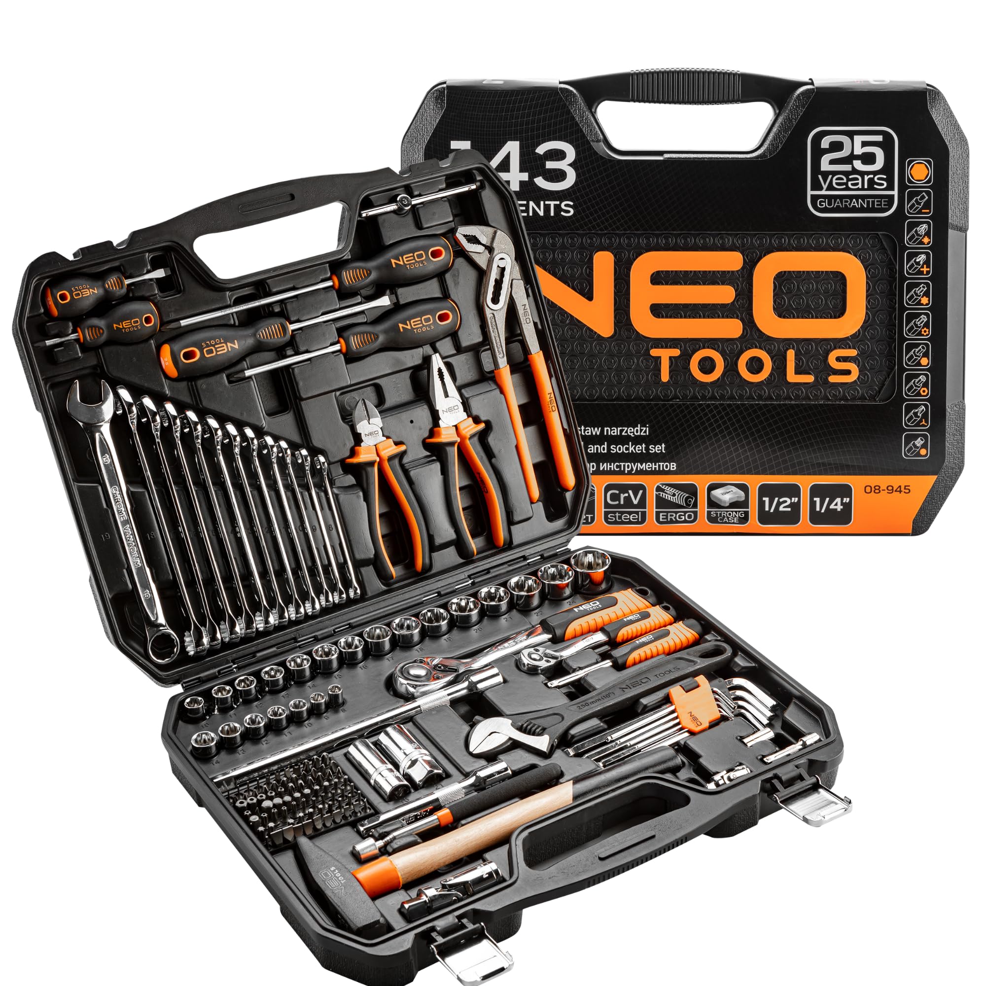 NEO TOOLS Zestaw narzędzi 143 sztuk, stal CRV, stal narzędziowa, do prac mechanicznych, elektrycznych, sanitarnych i domowych, stabilna walizka z metalowymi klamrami