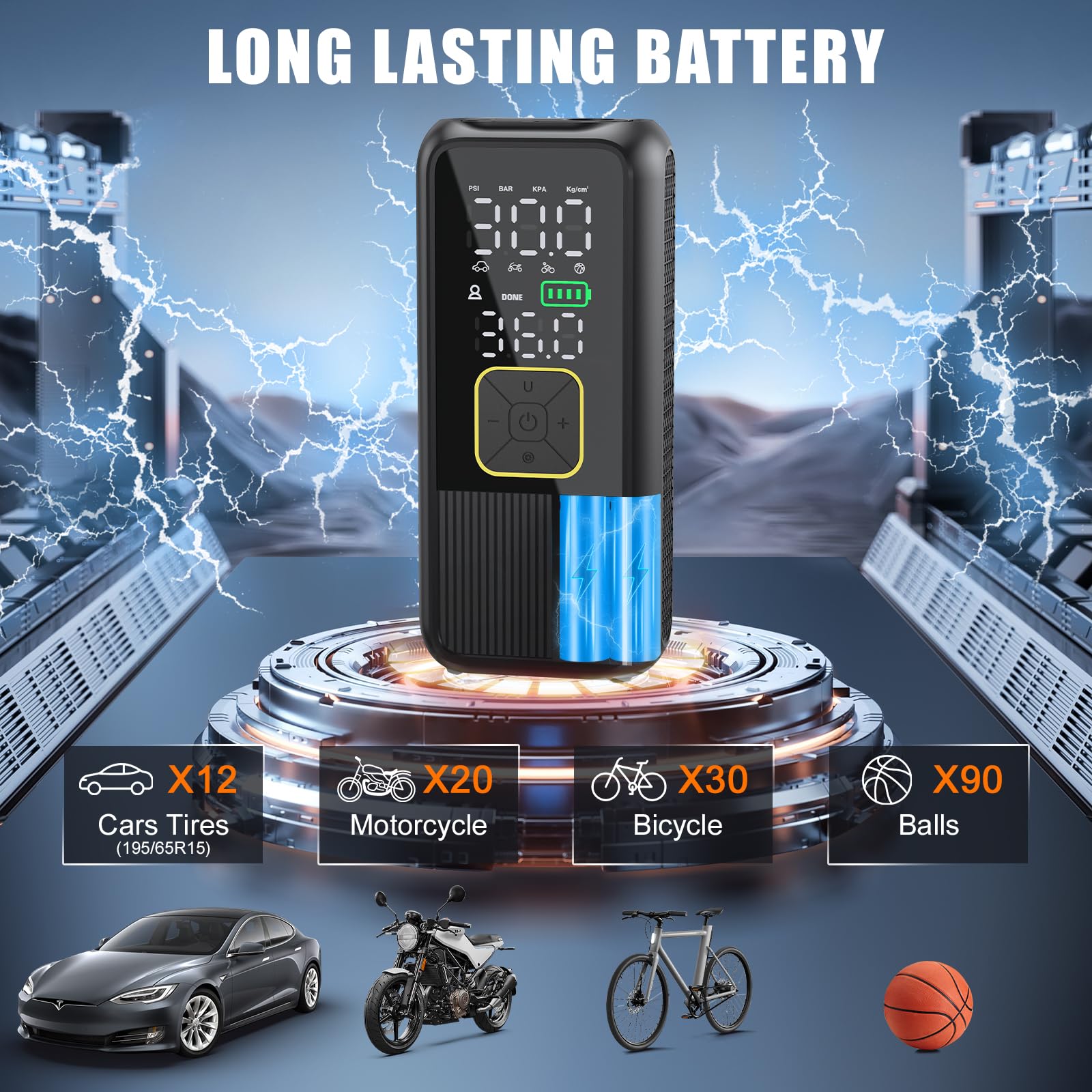 Gonfleur de pneu portable 150PSI Pompe à air intelligente pour pneus de voiture avec manomètre numérique, gonfleur de pneu rapide portable pour voitures