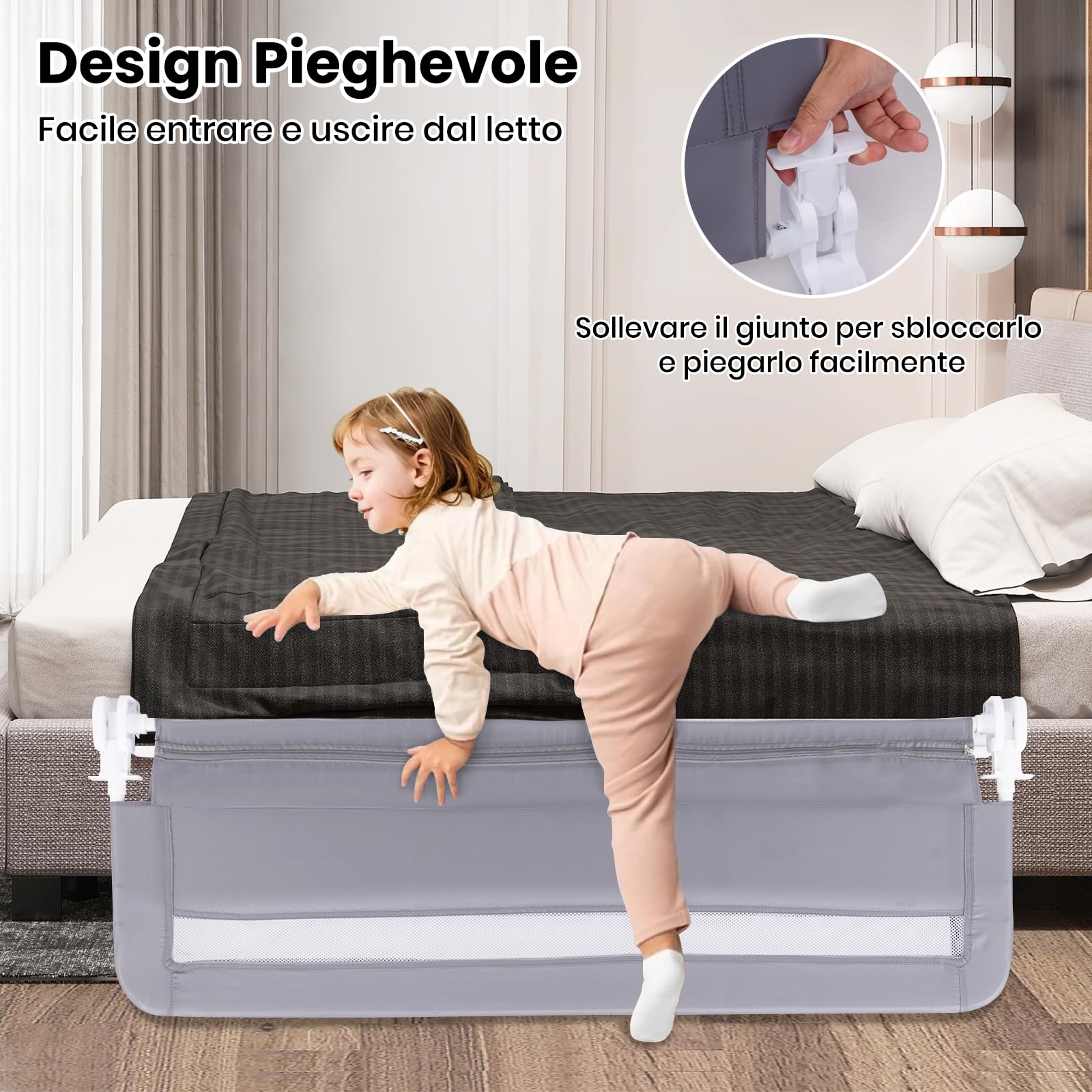 COSTWAY Sponda da Letto per Bambini 100/120 cm, Barriera Pieghevole per Letto, con Cintura di Sicurezza, Sponda di Sicurezza per Bambini, per Letti Singoli, Doppi, 100/120 x 41 x 42 cm (120 cm,Grigio)