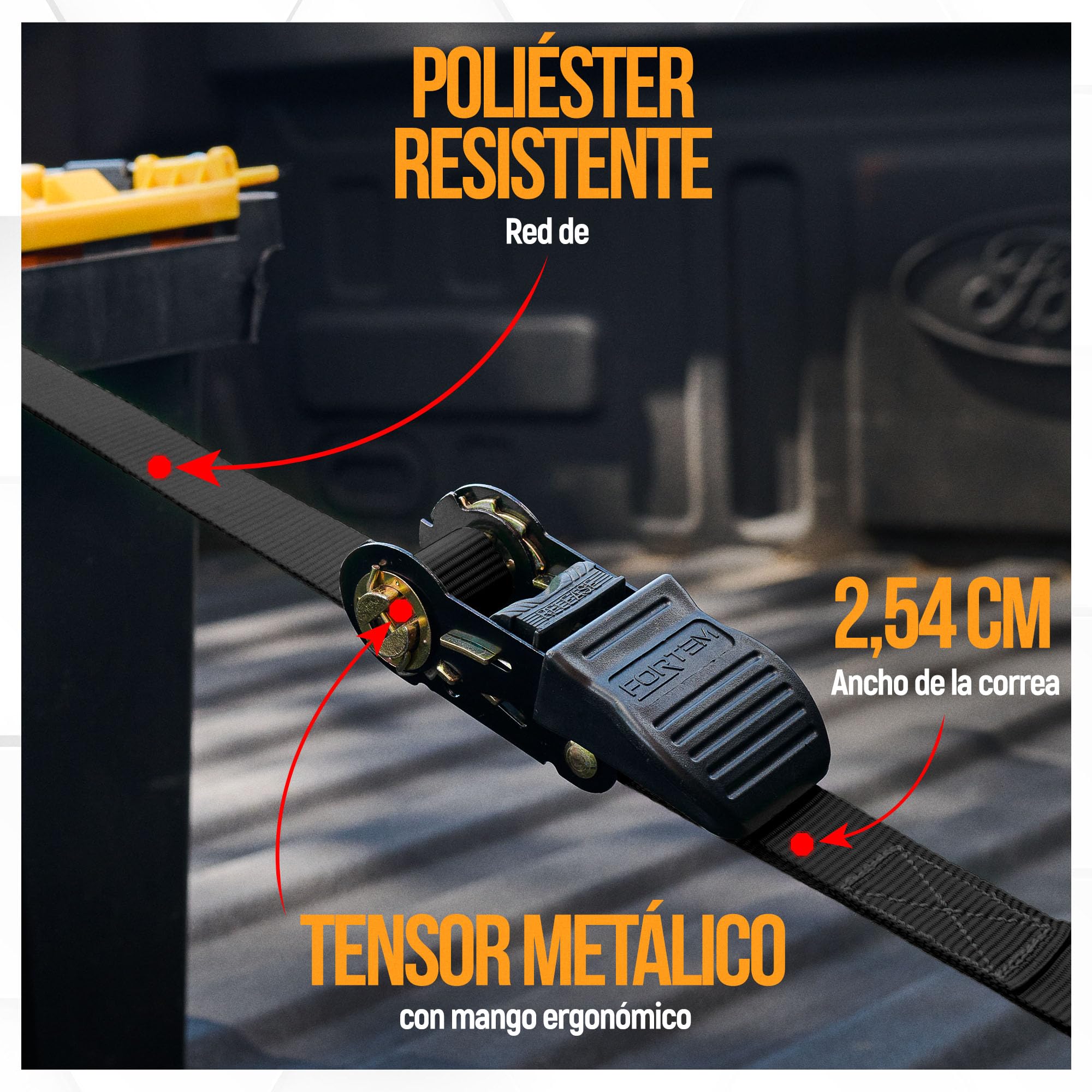 FORTEM Set de Correas de Amarre con Tensor de Trinquete, Resistencia 249 kg de Carga, 748 kg al Rompimiento, 4 Ganchos de Acero Plastificado, 4 Correas de 4.5m, 4 Hebillas (Negro)