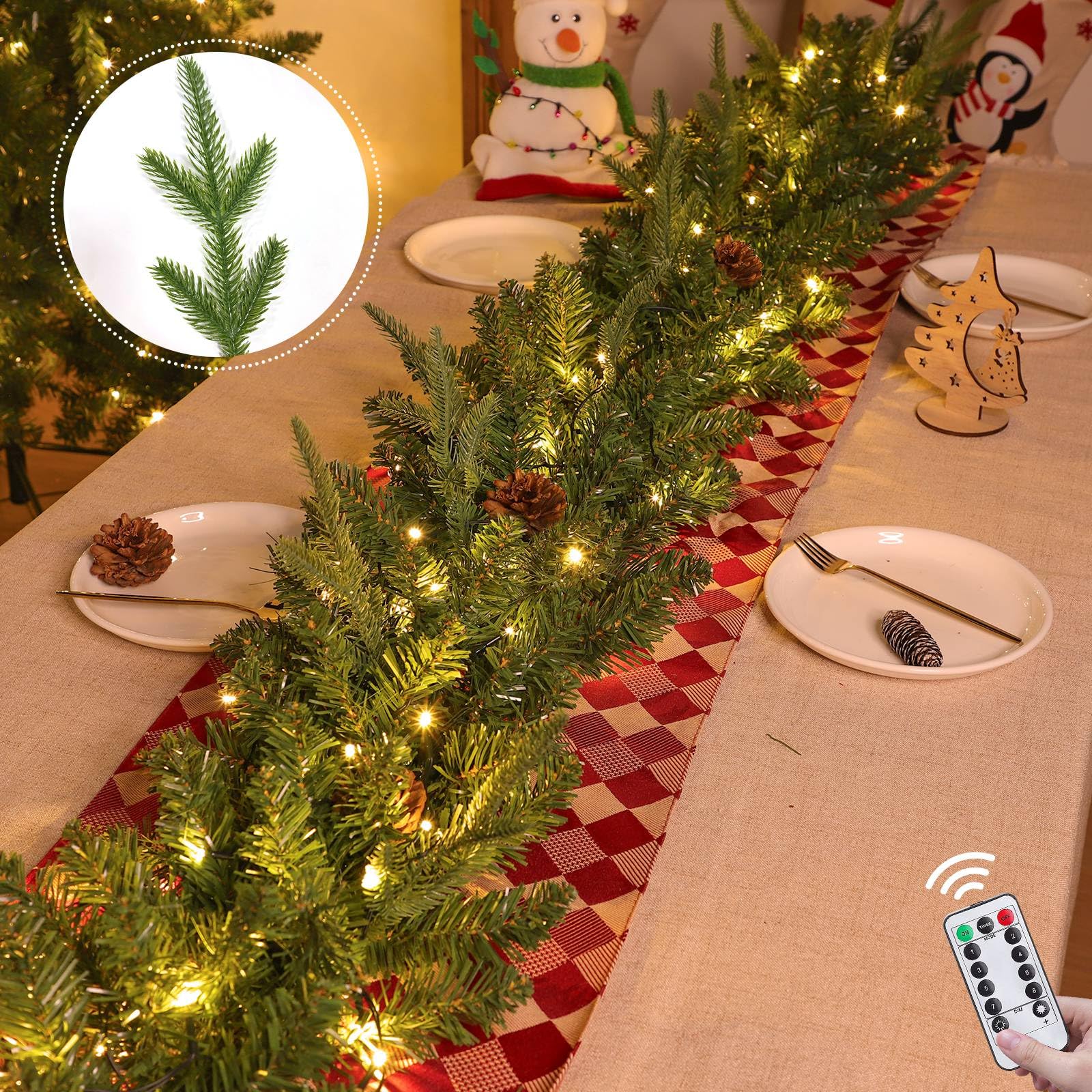 Weihnachtsgirlande mit 100 LEDs, Timer, 8 Modi, 30 Schneeborsten, 6 Weihnachtsstern, 18 Kugeln, 18 Tannenzapfen, 198 rote Beeren, batteriebetrieben, für den Innenbereich, Kaminsims