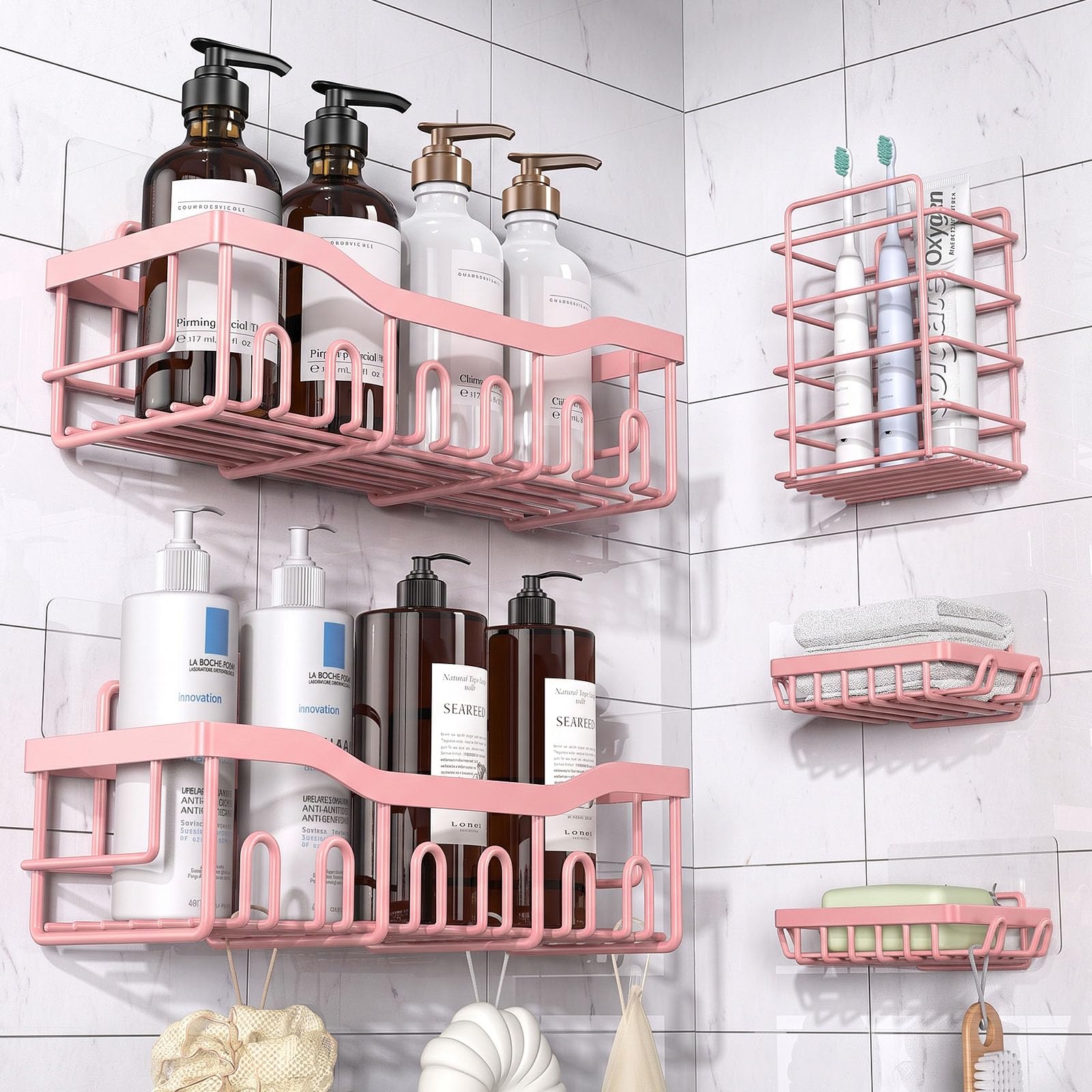 EUDELE 5-Pack Rustproof Stainless Steel Shower Caddy – No Drill Adhesive Bathroom Organizer with Large Capacity, Spacious Shower Shelves for Inside Shower, Kitchen &amp; Home Decor Storage-XL Size