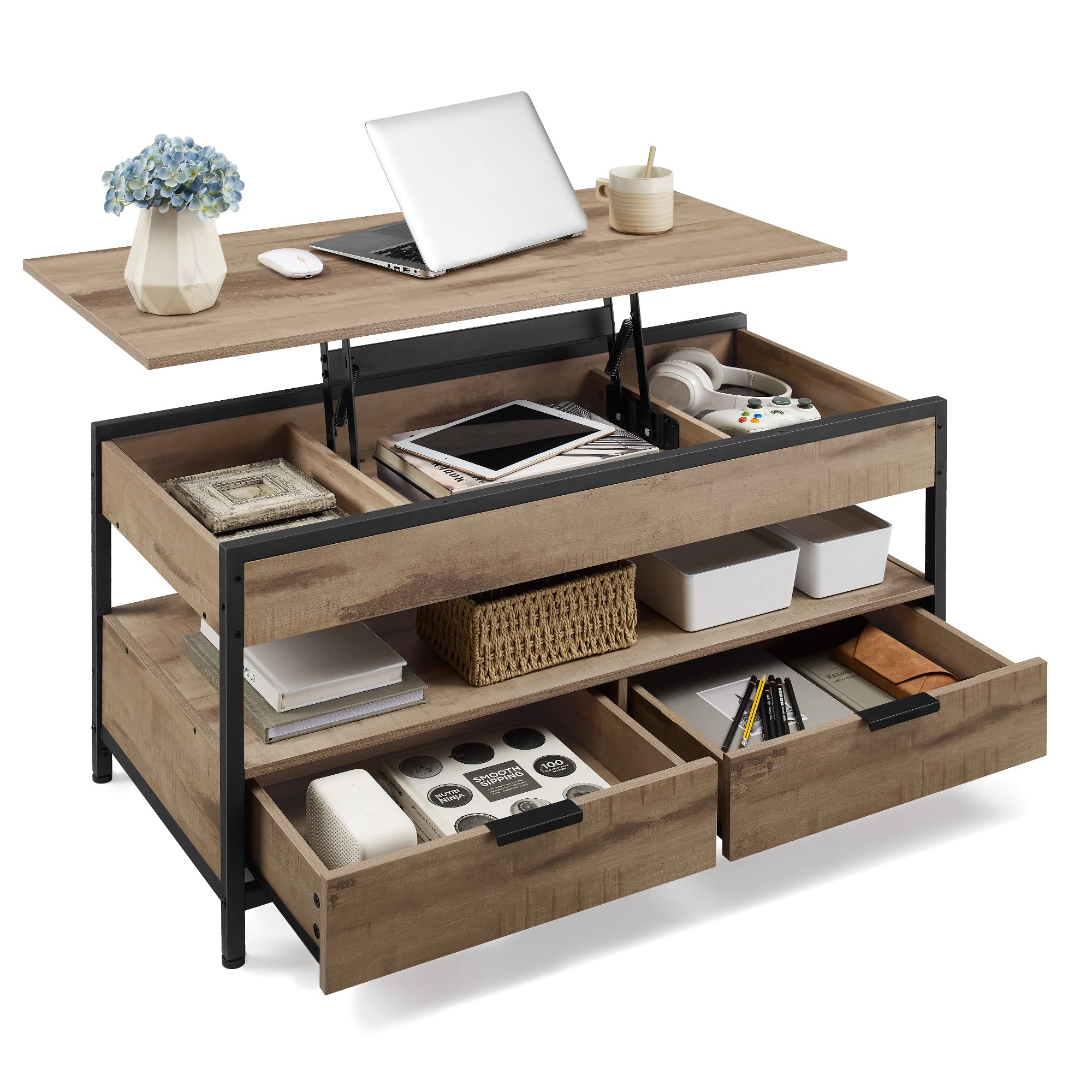 VASAGLE Mesa de Centro Elevable, Mesa de Salón, con Cajones de Almacenamiento, Compartimentos Ocultos y Estante Abierto, 50 x 100 cm, Marrón Camello y Negro Tinta LCT209K02