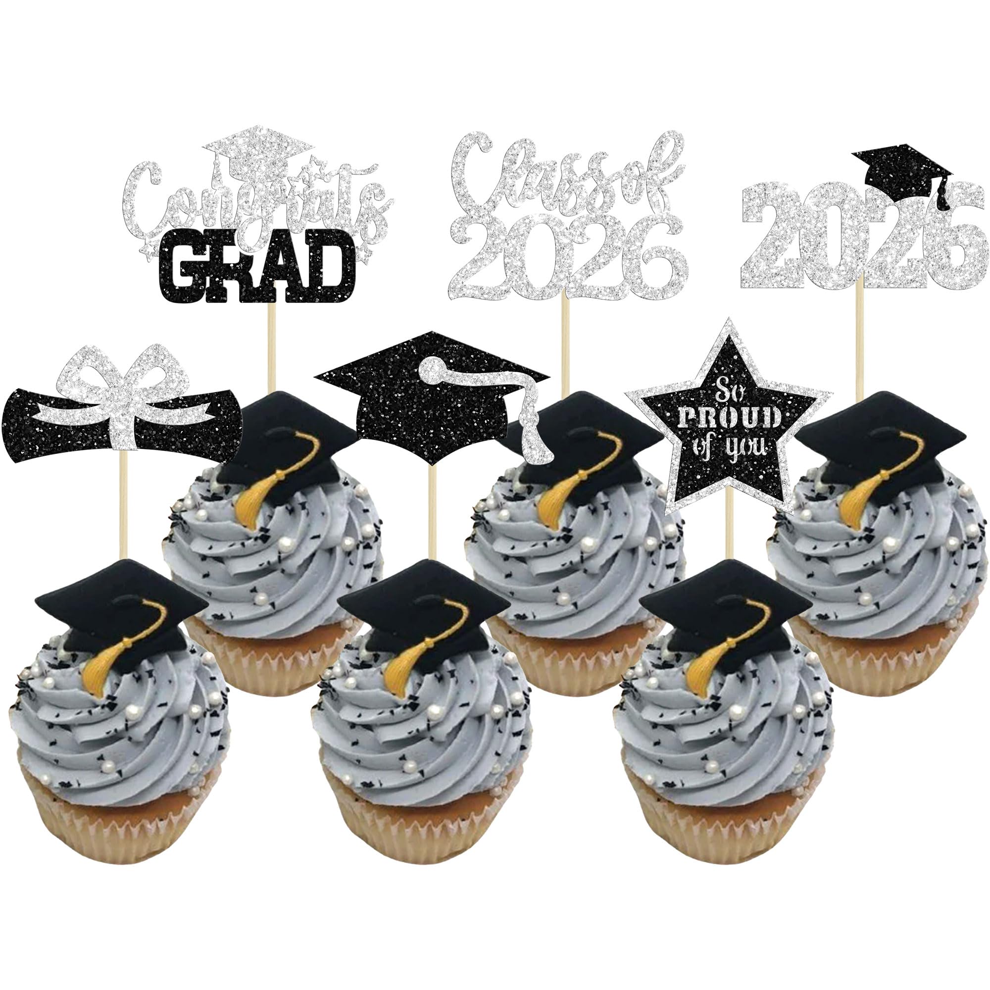 Gyufise 24Pcs Grad Cupcake Toppers Glittery Congrats Graduation Cake Topper 6 Styles Graduation Decorations Black and Silver Cap and Diploma Cake Picks for Class of 2026 Grad Party Supplies Silver 1
