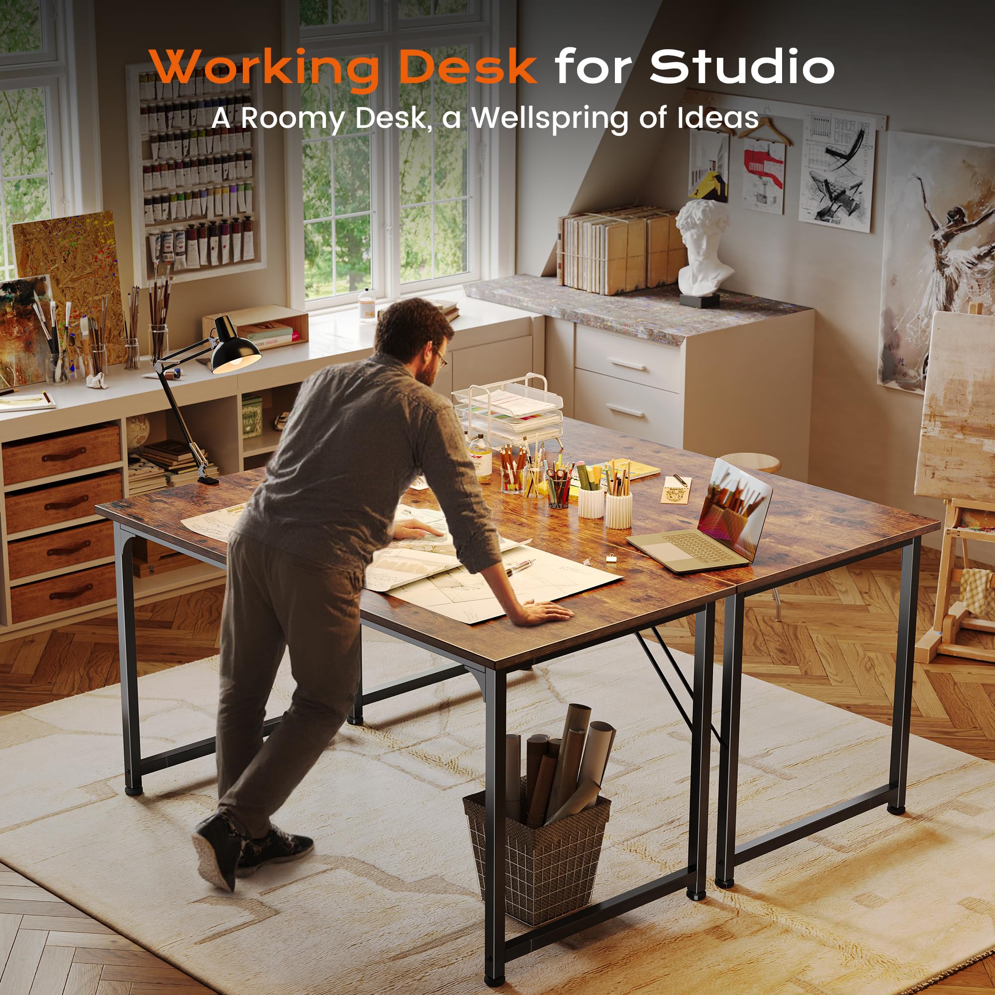 PRAISUN 47 X 24 Inch Computer Desk with Deeper Desktop, Gaming Office Writing Work Desk for Home Office, Study, Bedroom, Work from Home, Metal Frame, Rustic Brown