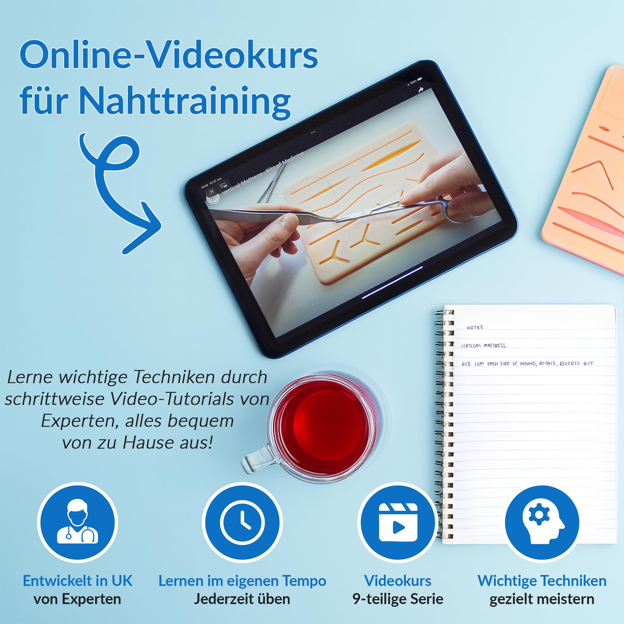 Chirurgisches Nahtset | Wundnaht-Videokurs 9 Videos in DEUTSCH Medizinstudenten, Tierärzte, Zahnärzte, Krankenschwestern | Wundnaht-Übungsset | Rutschfester Untergrund