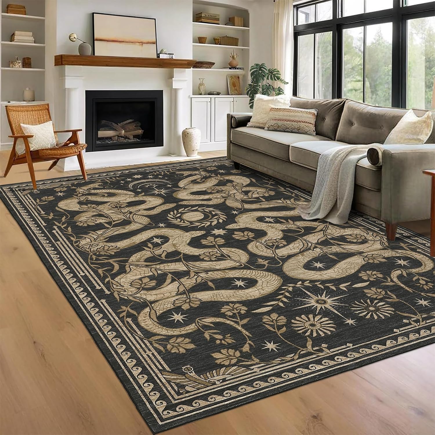 Snake 8 x 10 Rug for Living Room Washable Non Slip Forest Soft Low-Pile Stain Resistant Thin Large Throw Carpet for Bedroom Dining Room Office Dark Grey Dark Grey 8' x 10' (Rectangular)