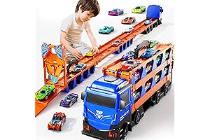 78-Inch Carrier Truck Race Track Transport Boys Toy, Includes 12 Die-Cast Metal Toy Cars
