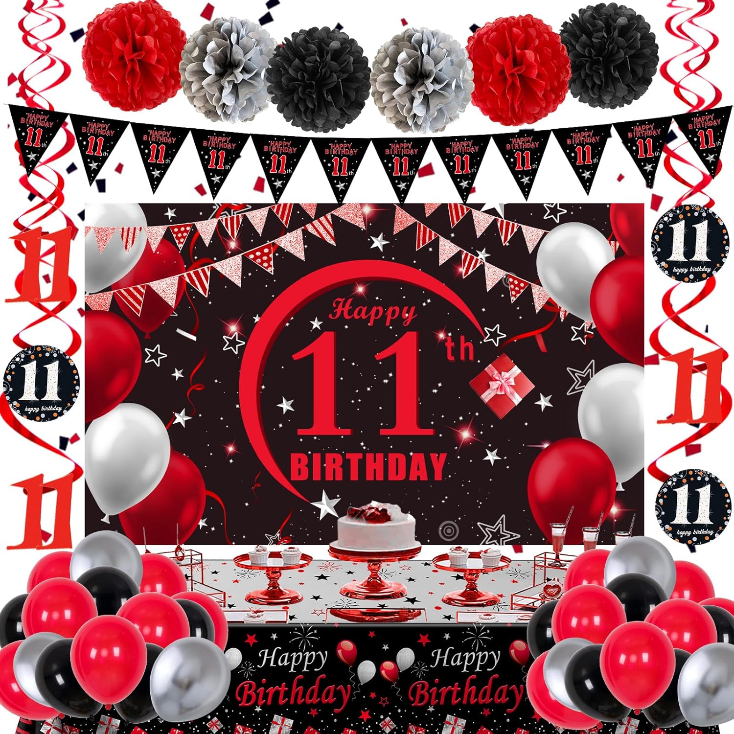 11th Birthday Decorations for Boys Girls Red and Black, Happy 11th Birthday Backdrop Banner, 11 Birthday Party Decoration Tablecloth Balloons Triangle Flag, 11 Year Old Boy Bday Party Supplies
