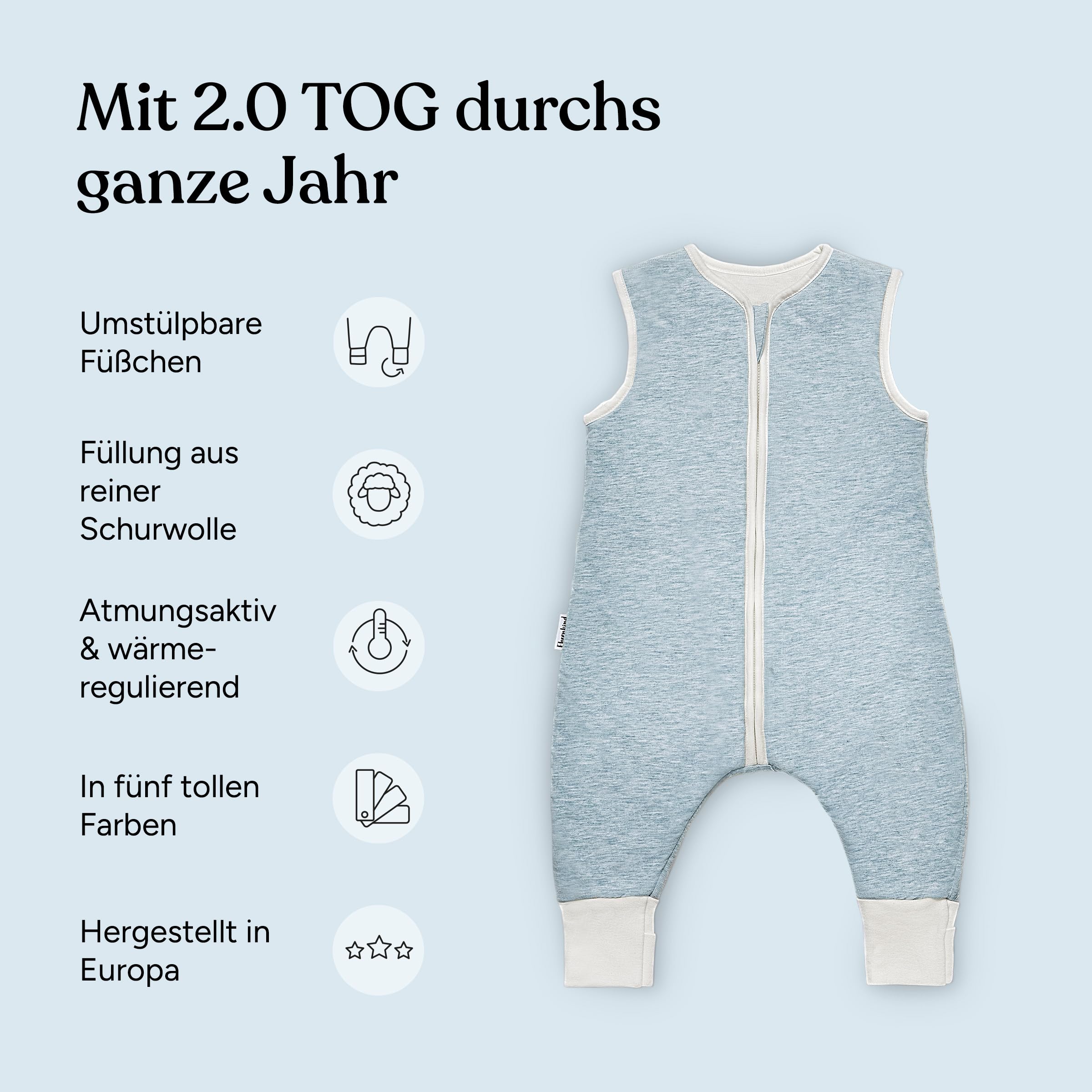 Ehrenkind® Ganzjahres-Schlafsack mit Füßen Wollfüllung | 100% Bio-Baumwolle mit 100% Wolle Füllung Baby-Schlafsack | OEKO-TEX | Hellgrau Melange 100