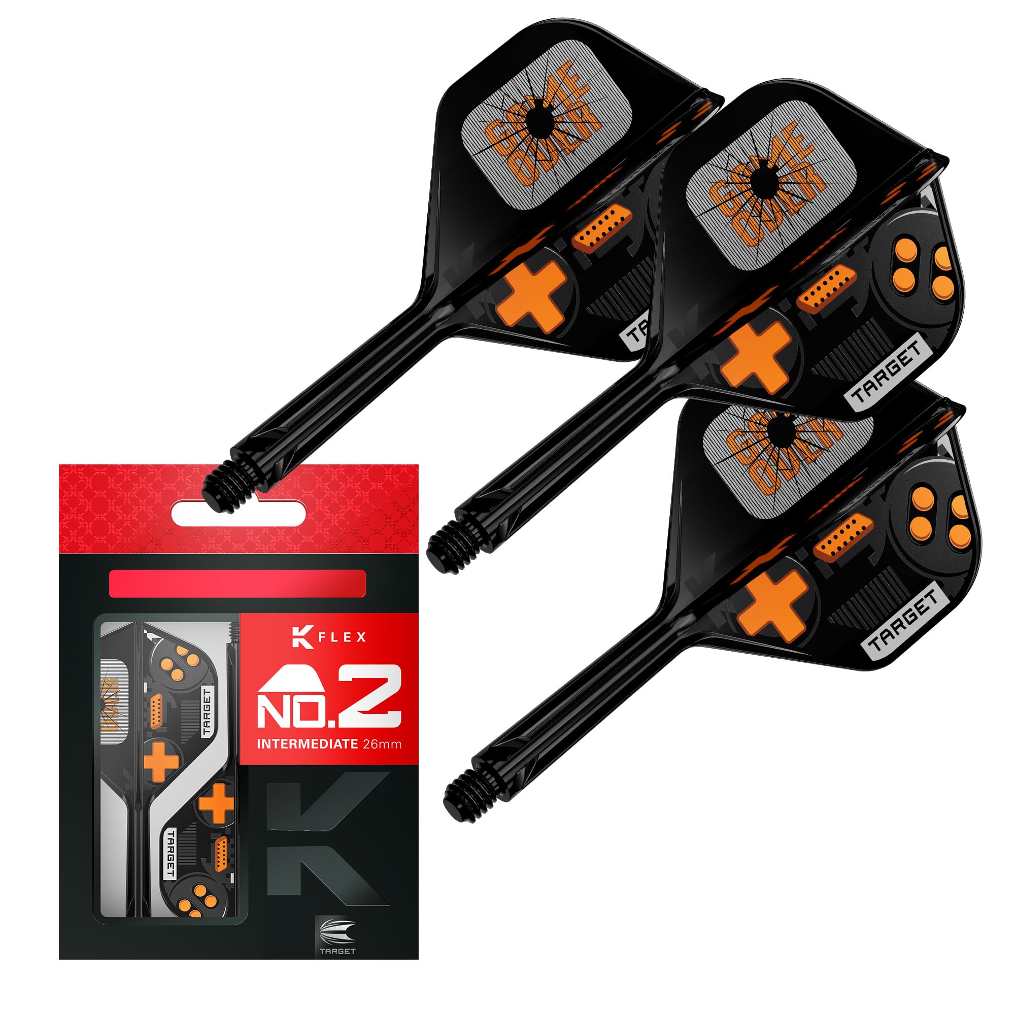 Target Darts K-Flex Game Over Dart Flights & Shafts, No.2 (Intermediate, 26mm) | Pack of 3 Kflex Integrated Flight & Shaft System, All In One Moulded Stem | Professional Dart Accessories