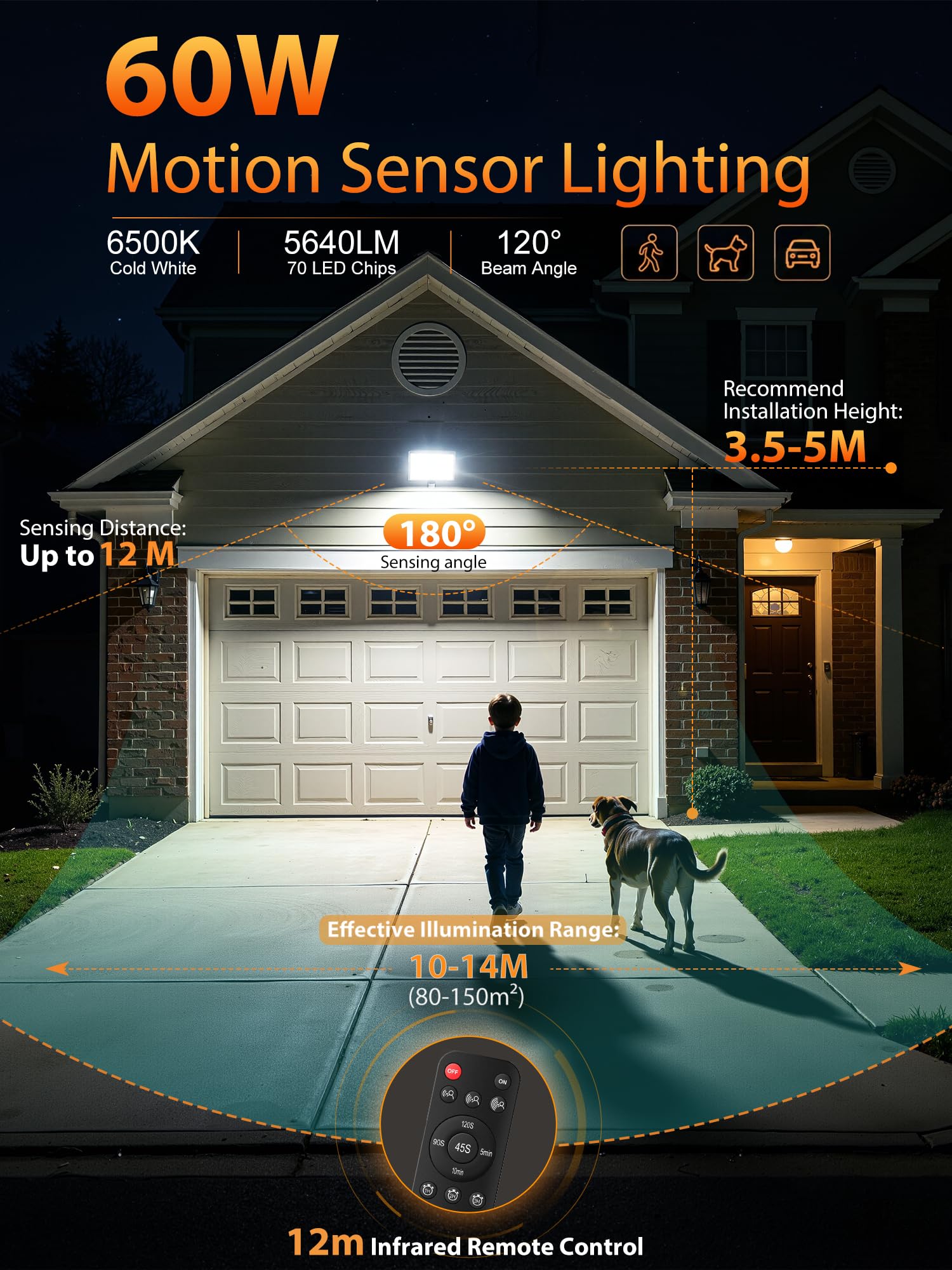 MEIKEE 60W Foco Led con Sensor de Movimiento, IP66 Impermeable Foco Proyector LED Exterior 5640LM 6500K Blanco Frío Luz de Seguridad con Mando a Distancia 4 Modos para Jardín, Patio, Entrada, Garaje