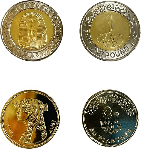 2 Monedas Egipcias Sin Circular 50 Piastres y 1 Libra Egipcia Dinero Árabe Moneda Egipcia Rey TUT Cleopatra